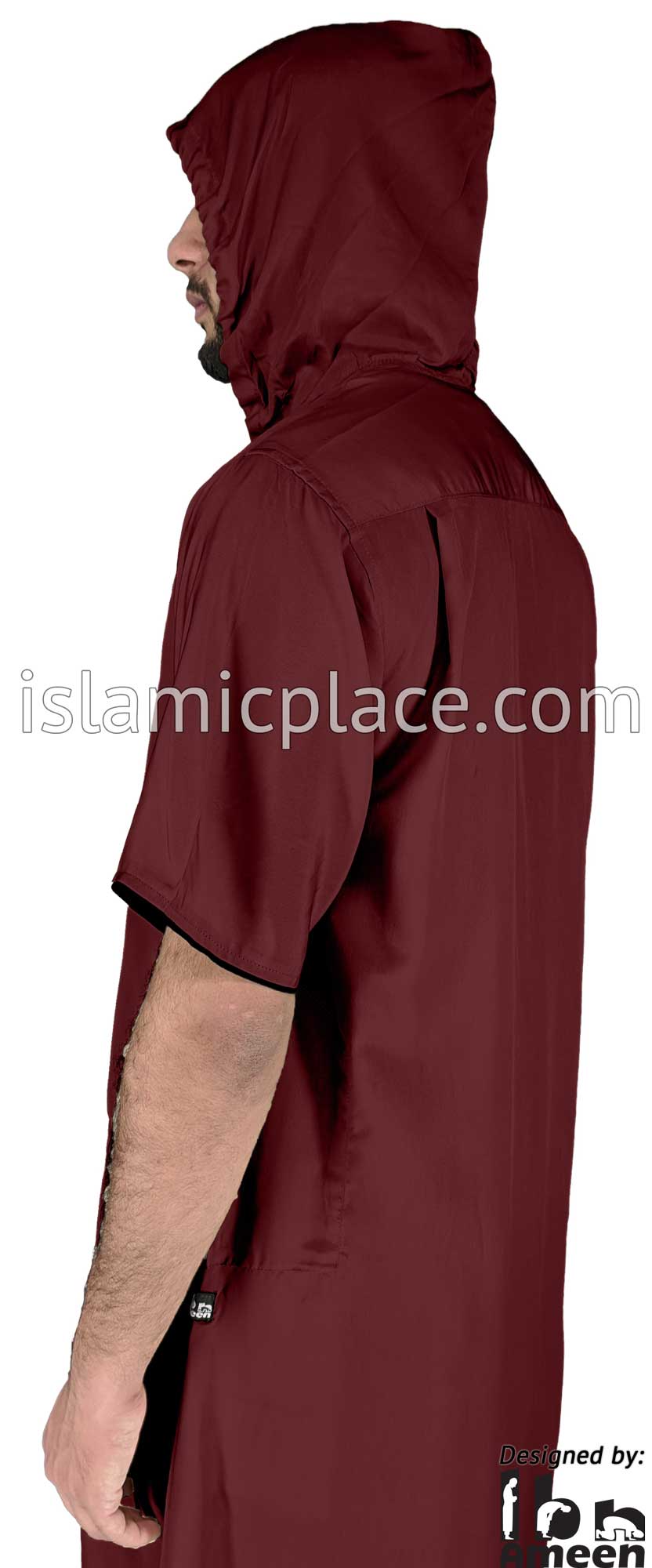 Burgundy - Sohail Men Short Sleeve Hoodie Thob by Ibn Ameen - IA16