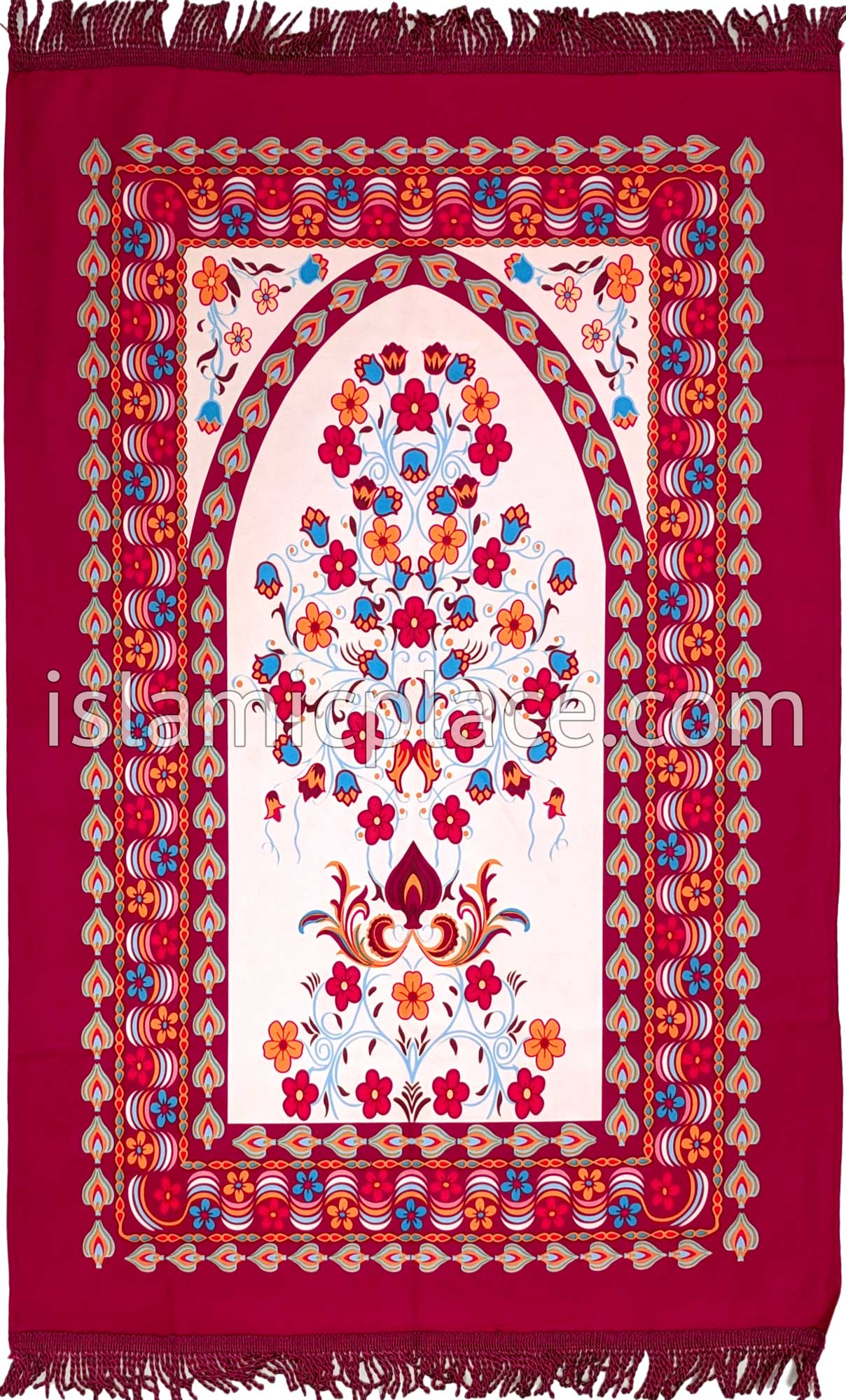 Red - Floral Mihrab Design Prayer Rug with Matching Zipper Carrying Bag