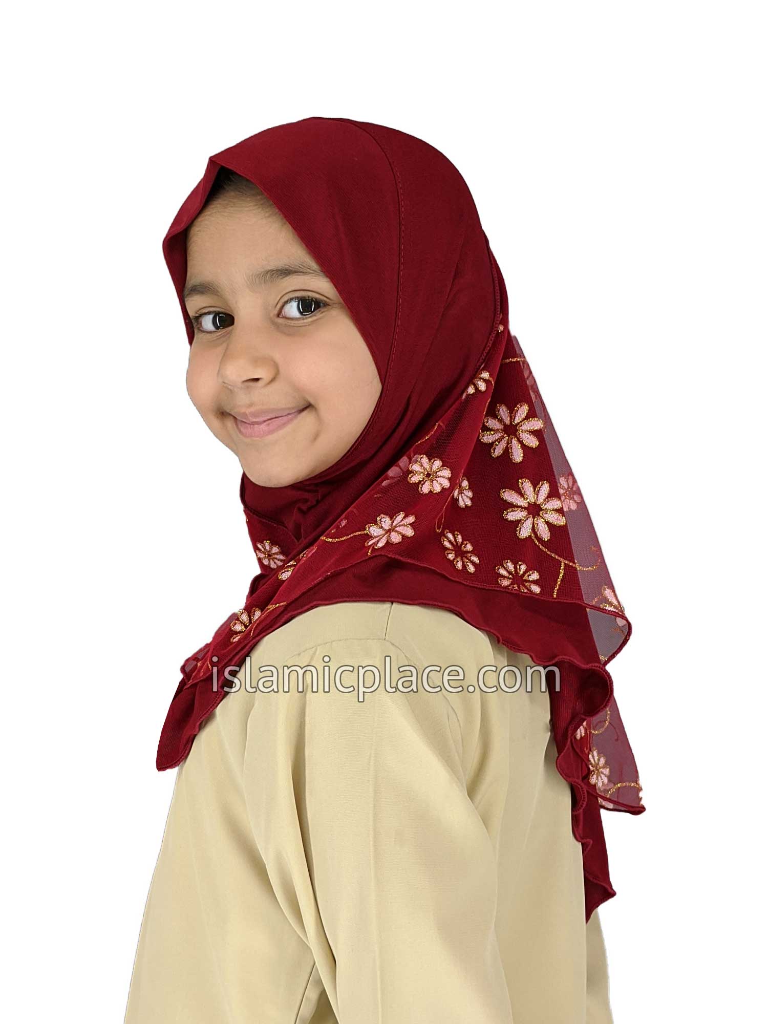 Burgundy - Daisy Sketch Hijab Al-Amira - Girl size (1-piece) - Design 2