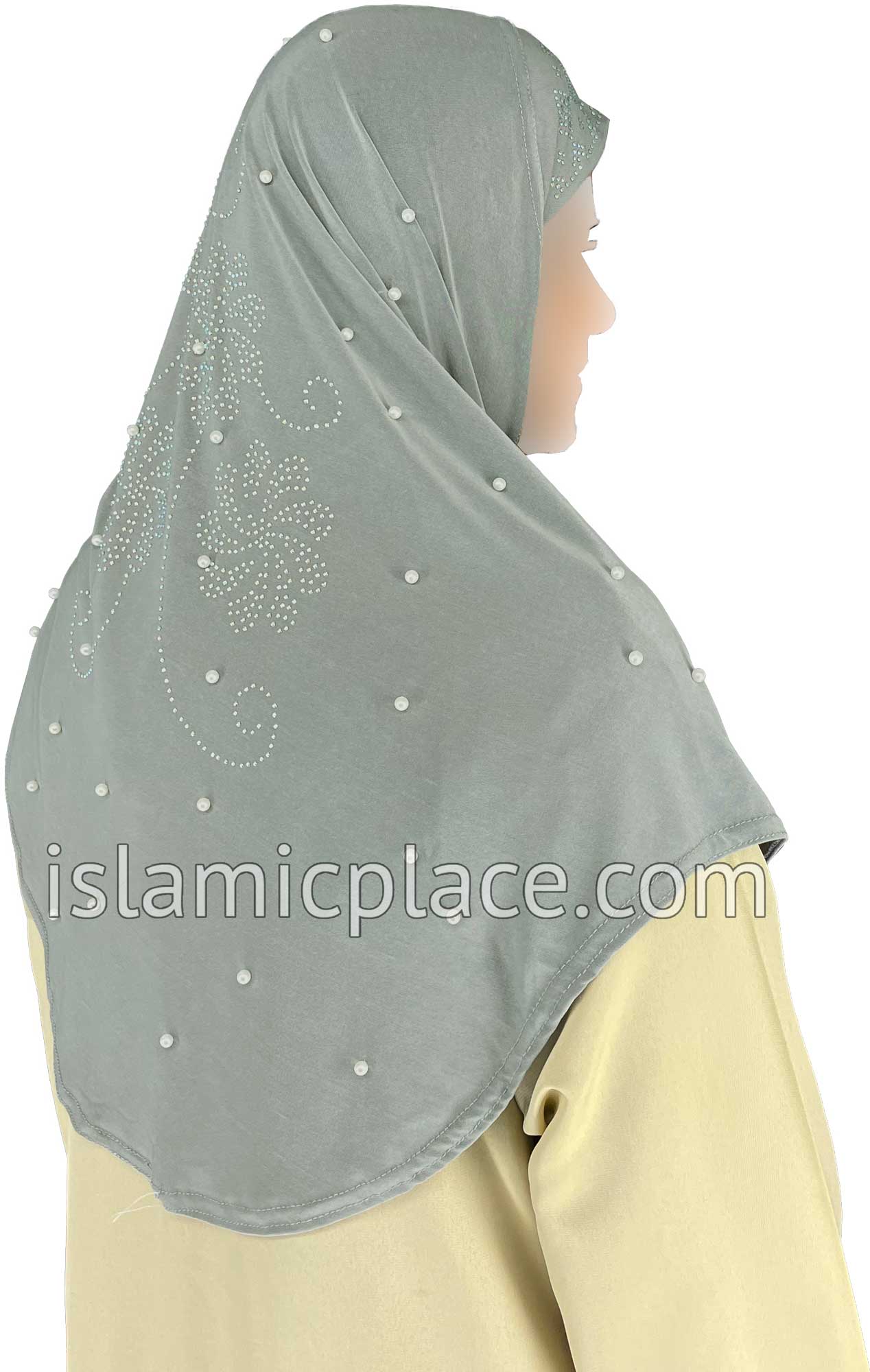 Gray - Pearly with Rhinestones Teen to Adult (Large) Hijab Al-Amira (1-piece style) - Design 10