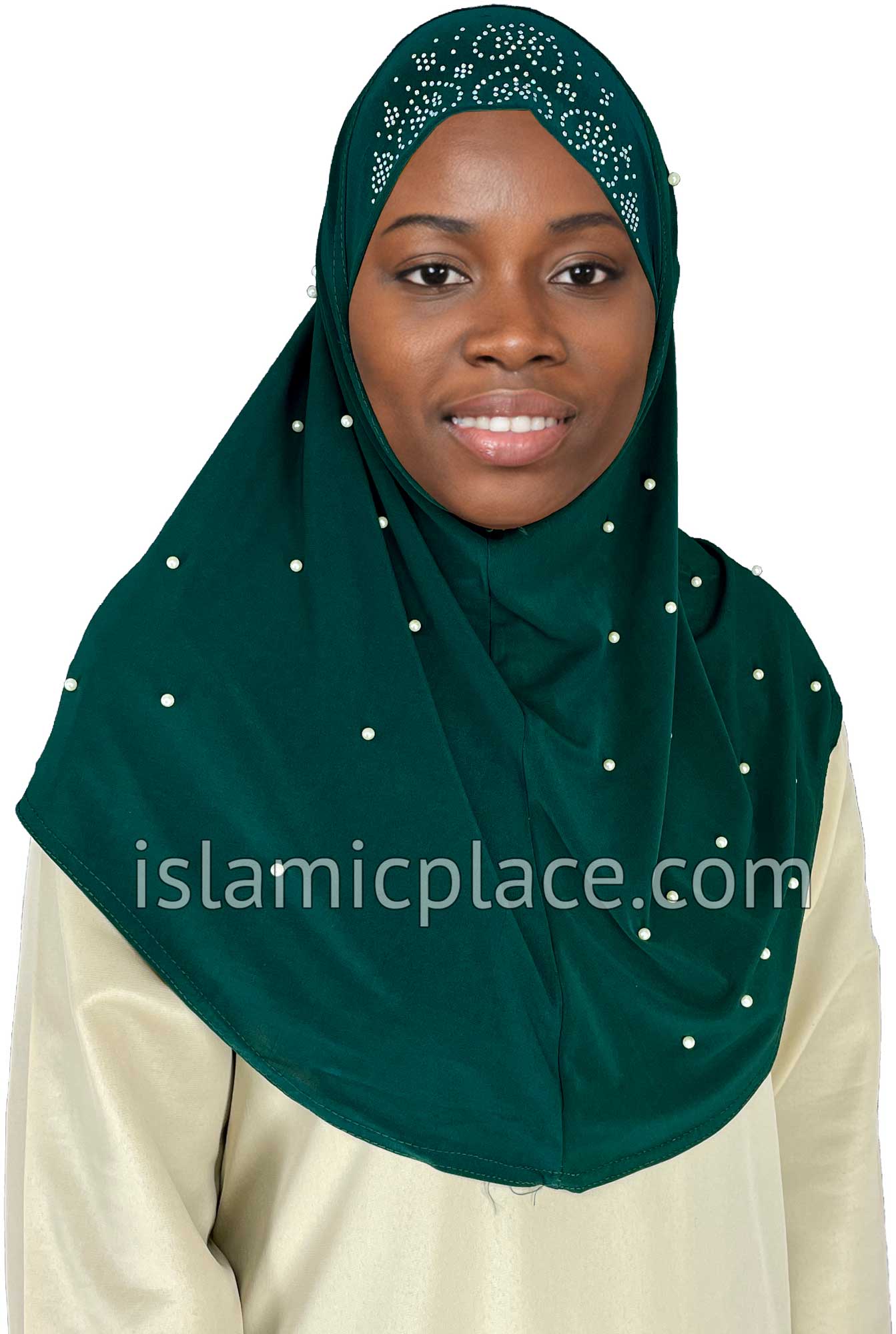 Dark Green Pearly with Rhinestones Teen to Adult Large Hijab Al Am The Islamic Place