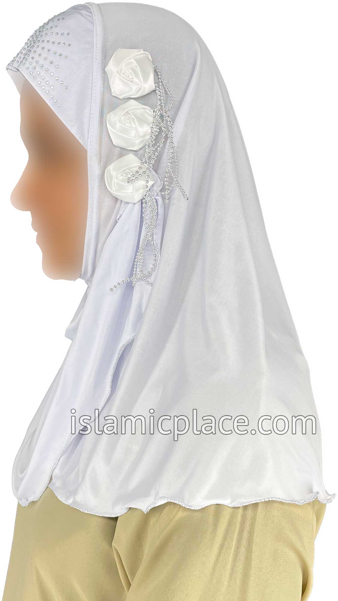 White - Roses in a Row Teen to Adult (Large) Hijab Al-Amira (1-piece style) - Design 11