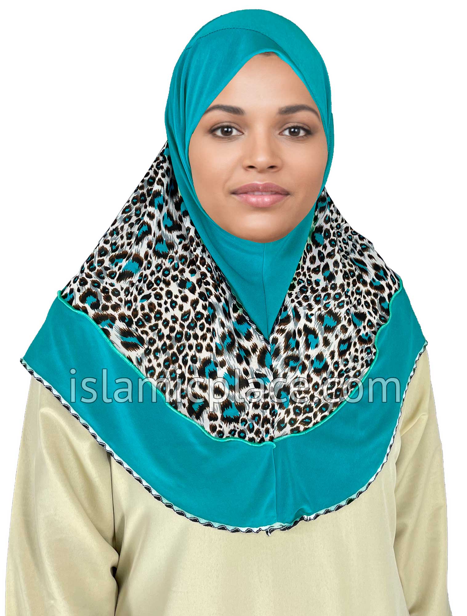 Teal Blue - Wild Prints Teen to Adult (Large) Hijab Al-Amira (1-piece style) - Design 13