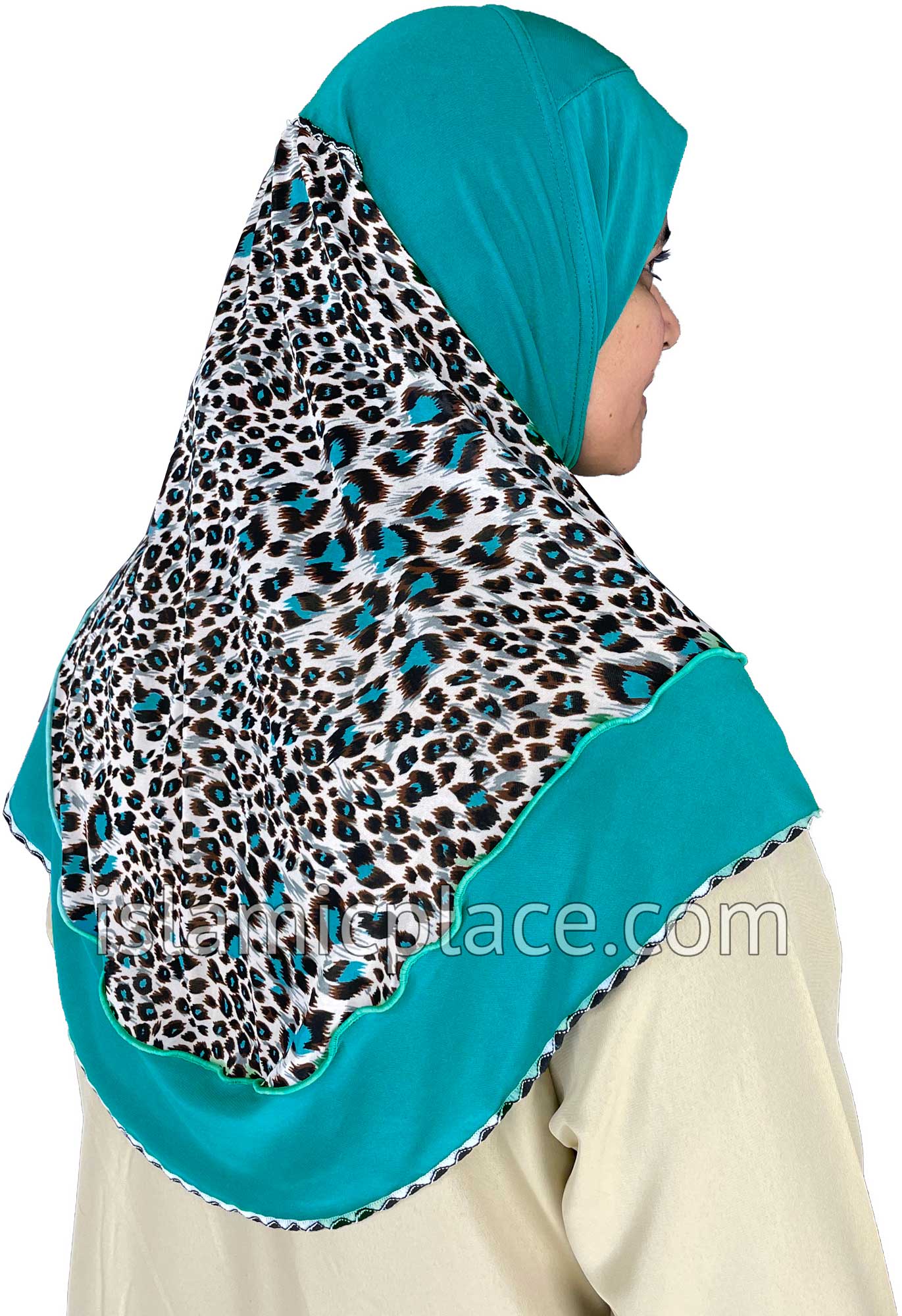 Teal Blue - Wild Prints Teen to Adult (Large) Hijab Al-Amira (1-piece style) - Design 13