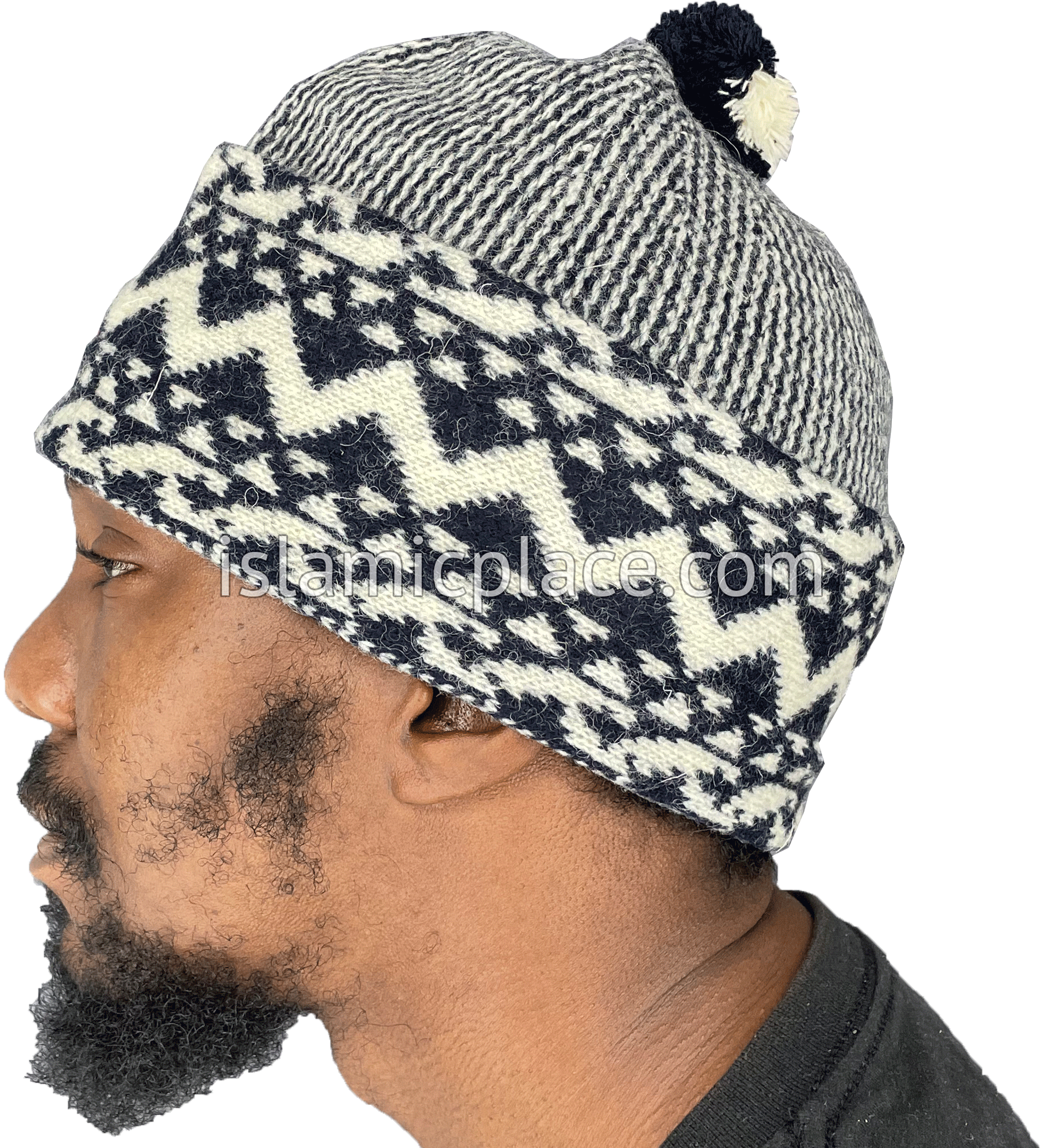 Navy Blue & White - Wool Knitted Wadood Zigzag Style Kufi