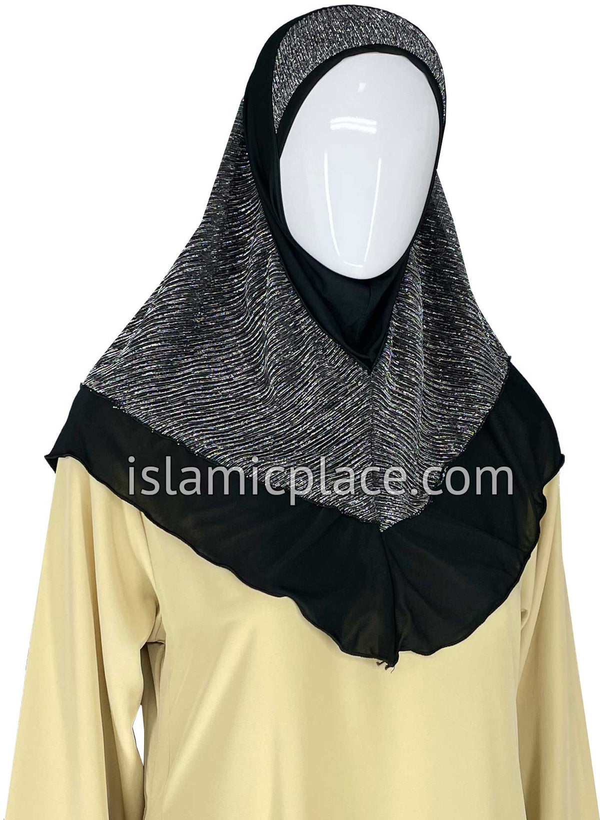 Black and Silver - Sparle Net Style Teen to Adult (Large) Hijab Al-Amira (1-piece style) - Design 15