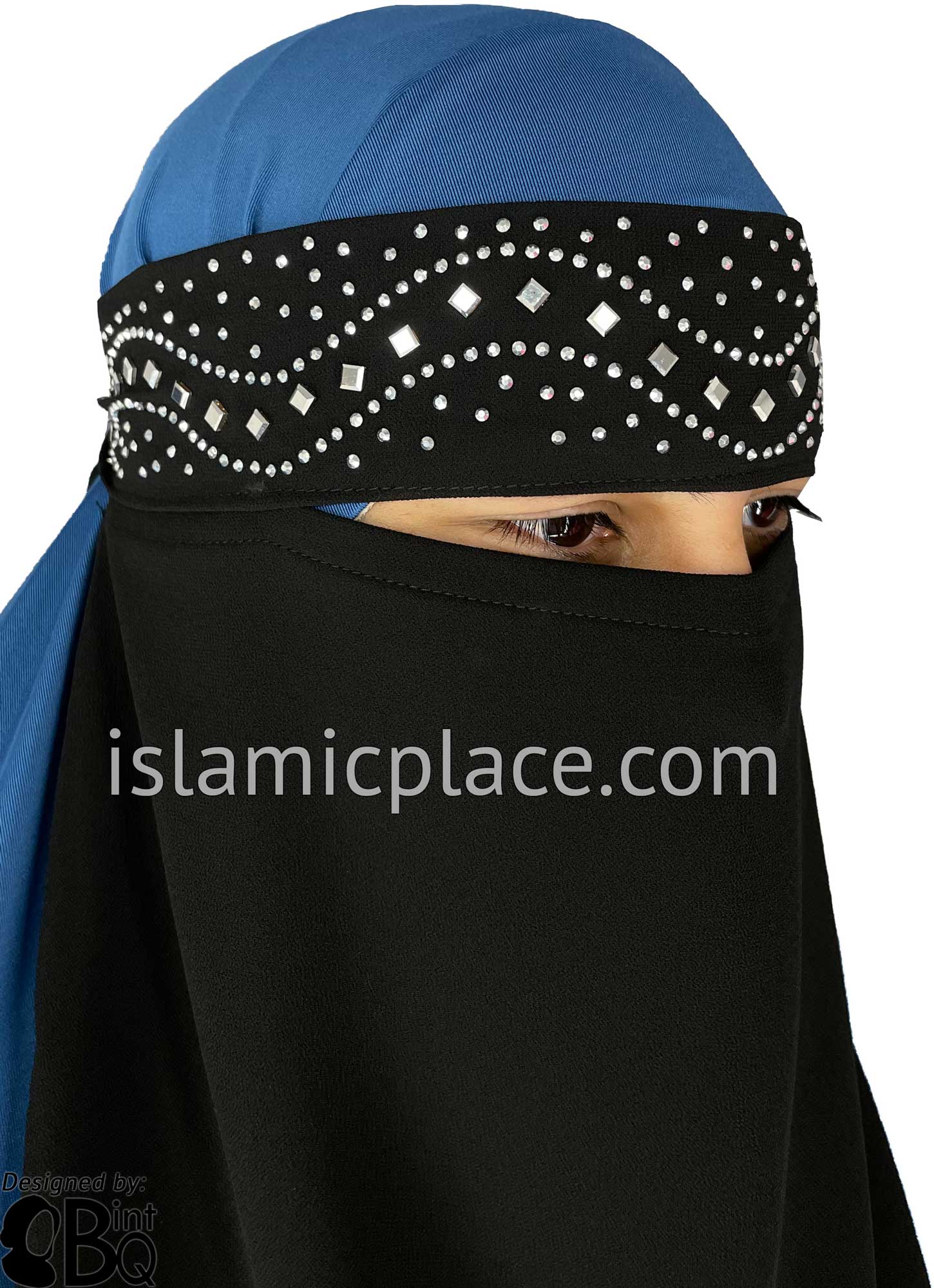 Silver Stones on Black Niqab - Diamond Wave Design 8