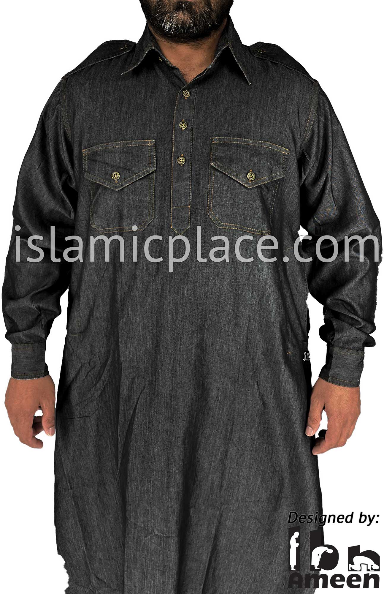 Black Denim - Daud Men Military Style Thob by Ibn Ameen in Denim - IA11