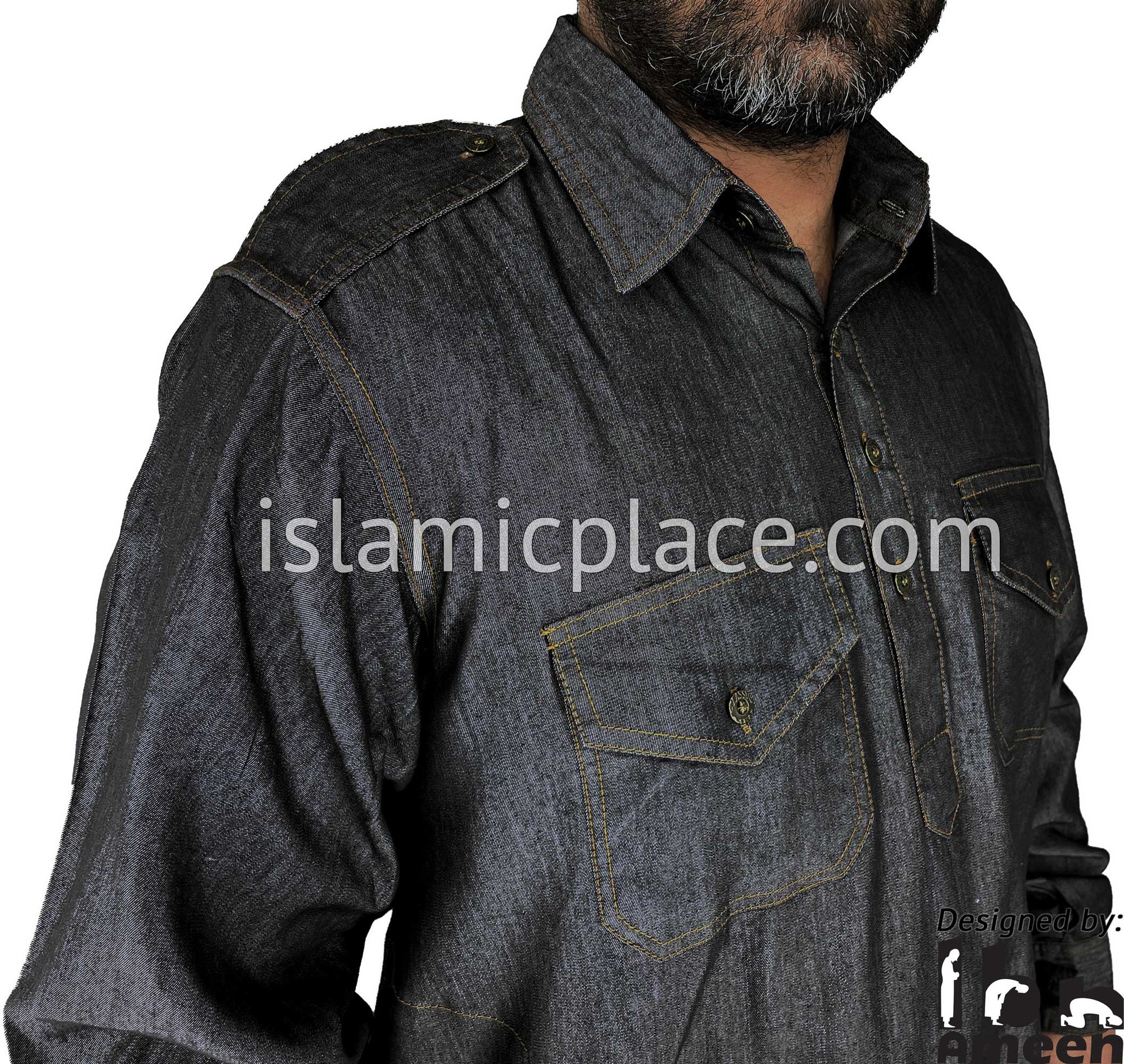 Black Denim - Daud Men Military Style Thob by Ibn Ameen in Denim - IA11