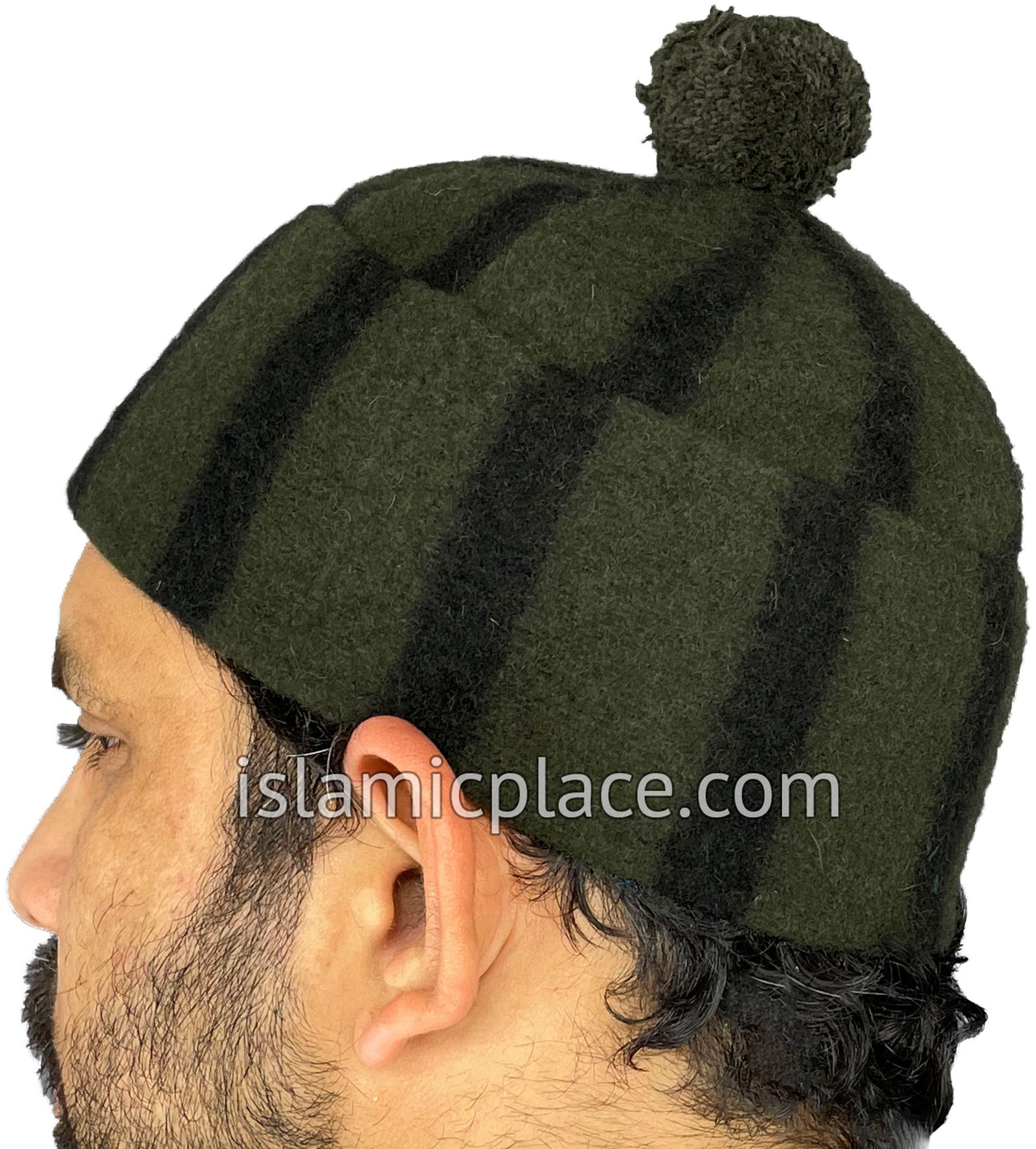 Olive Green and Black - Winter Wool Ayyub Style Kufi