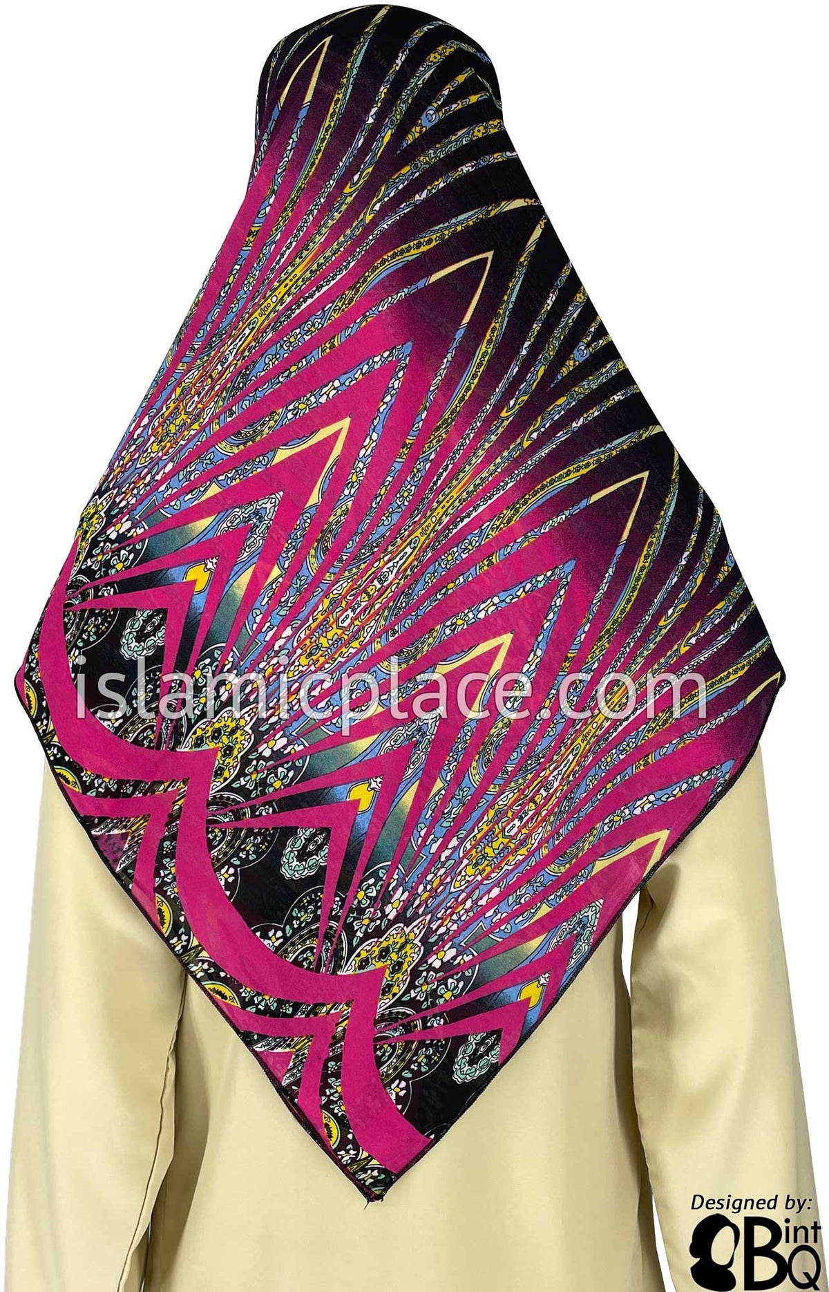 Fuchsia Pink, Yellow, Sky Blue, White, and Black psychedelic Design - 45&quot; Square Printed Khimar