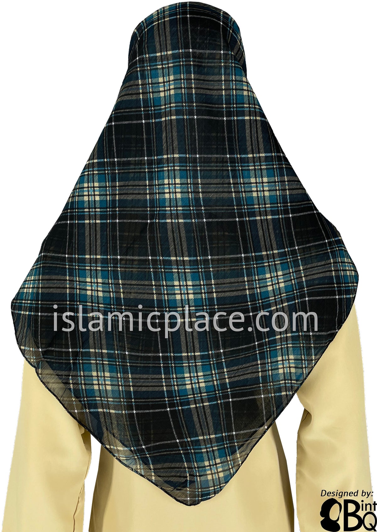 Dark Teal, Tan and Black Large Plaid - 45&quot; Square Printed Khimar