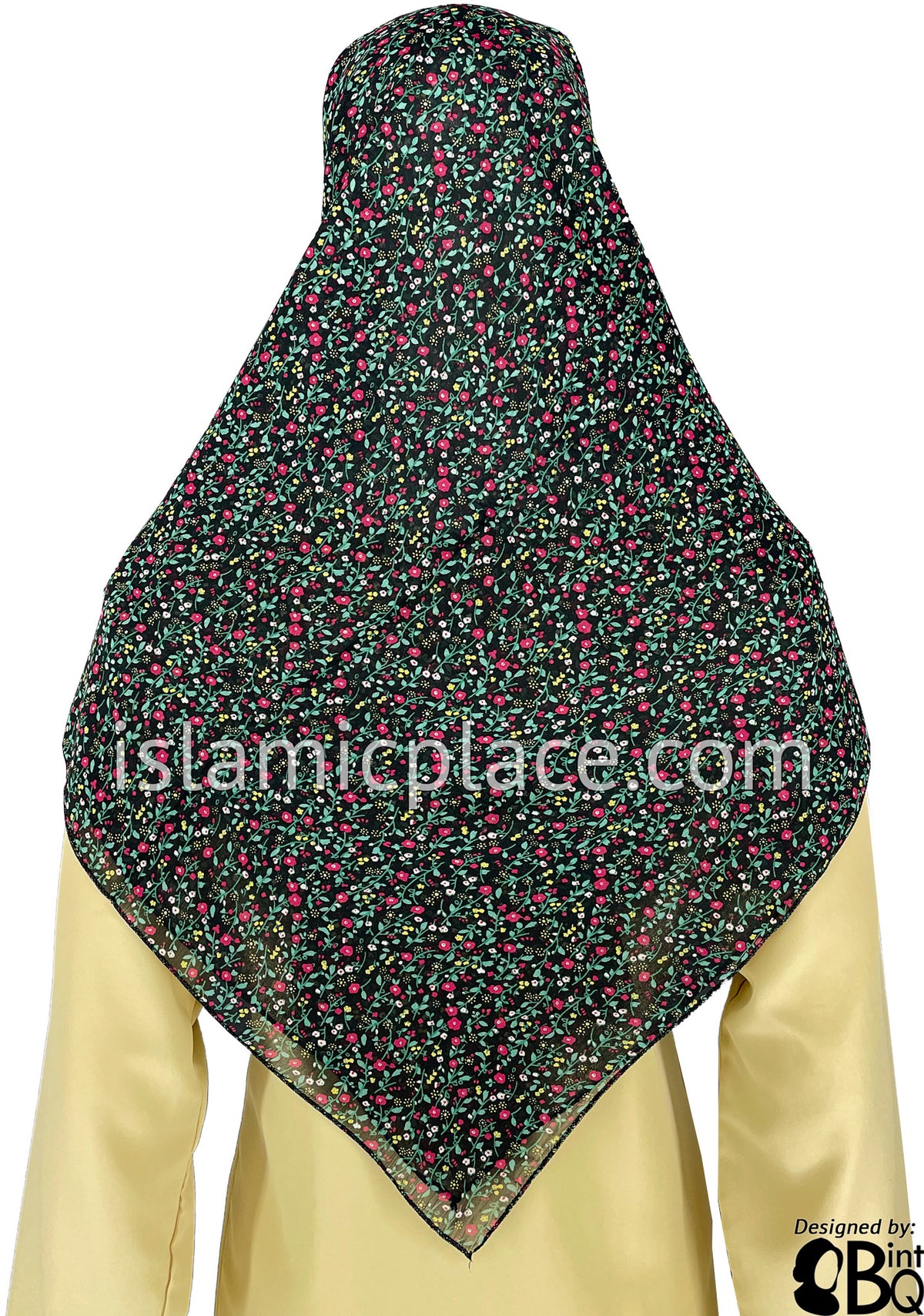 Neon Pink, Green, Yellow, on Black Graffiti Floral Design - 45&quot; Square Printed Khimar