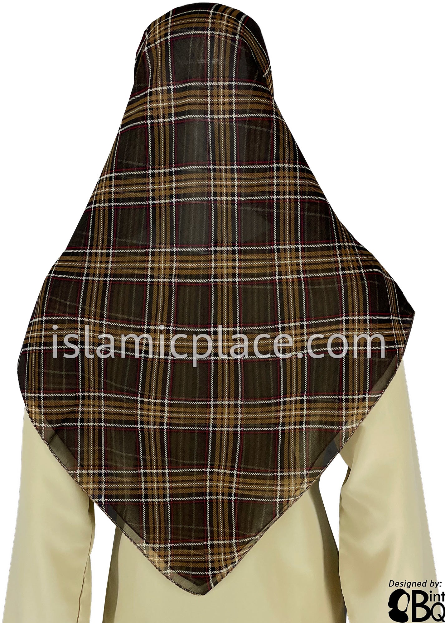 Khaki, Burgundy, Tan on Brown Large Plaid - 45" Square Printed Khimar