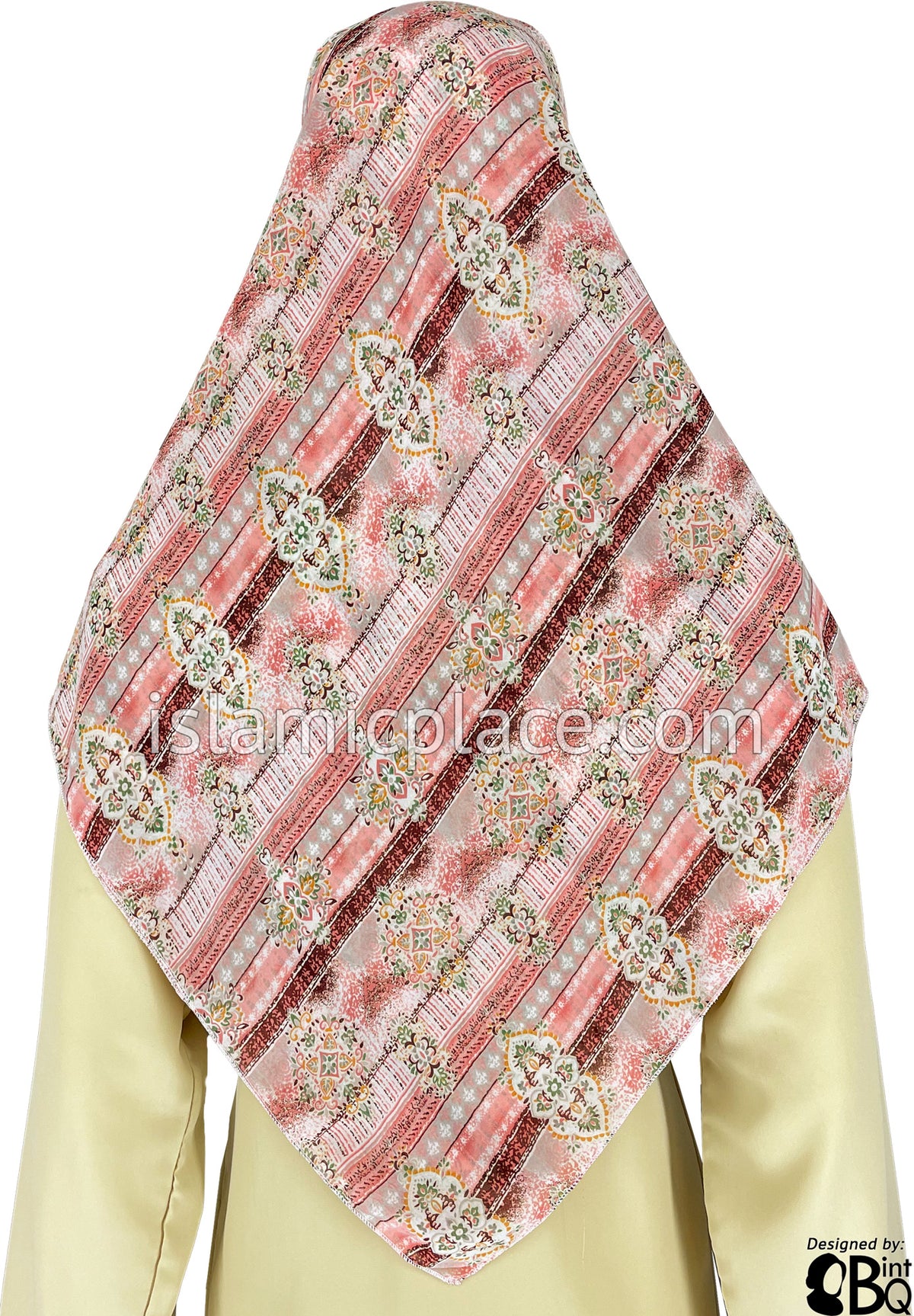 Peach, White, Burgundy and Green Victorian Design - 45&quot; Square Printed Khimar