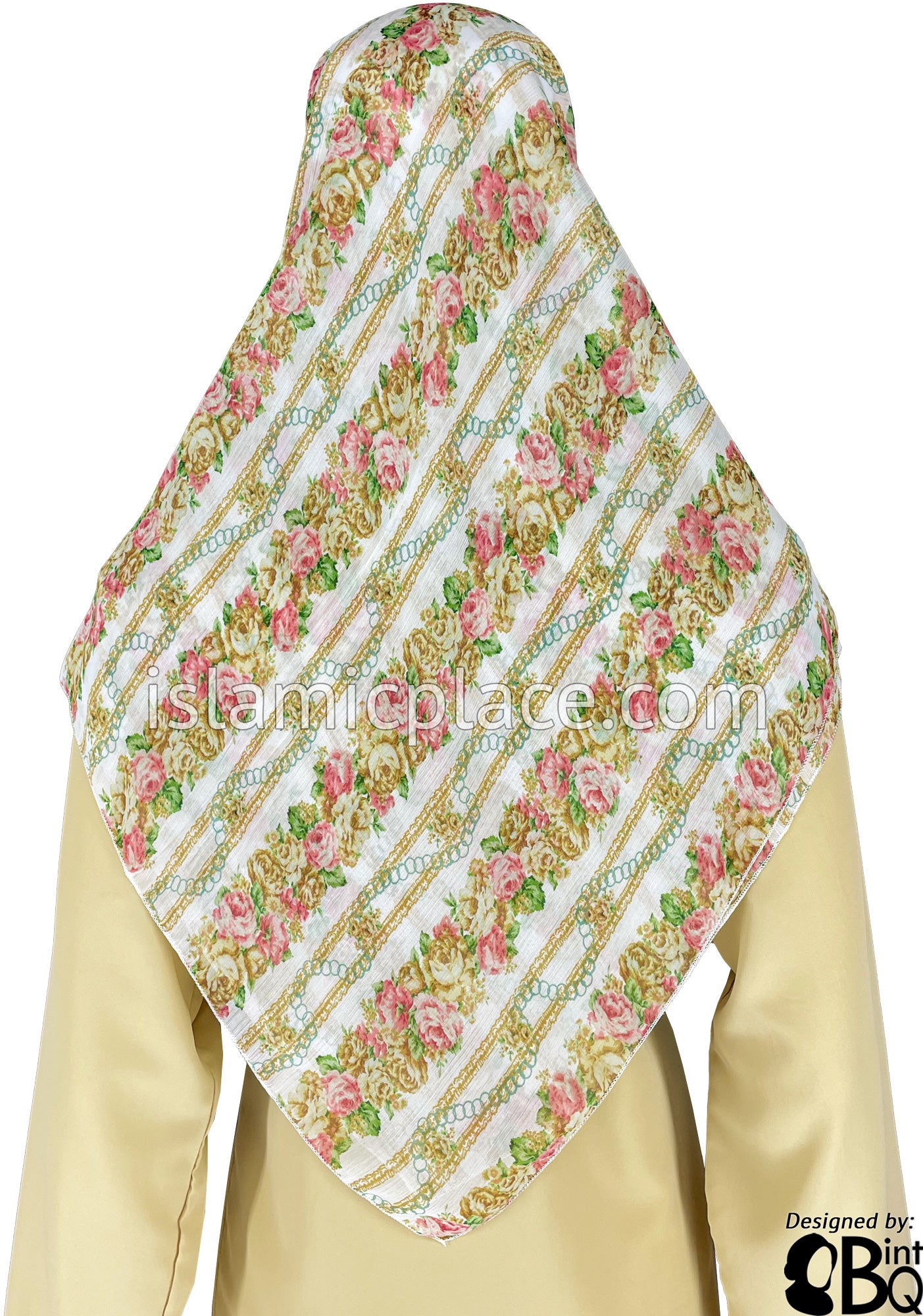 Pink, Green, Tan on White Flower Bush Pattern - 45" Square Printed Khimar