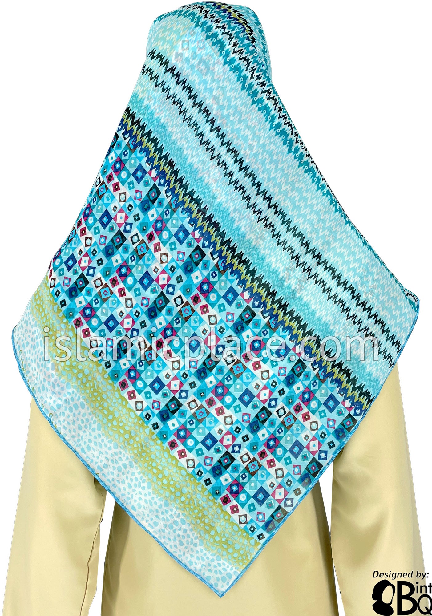 Turquoise, Pink, Navy Blue, Black and Tan Multi Print - 45" Square Printed Khimar