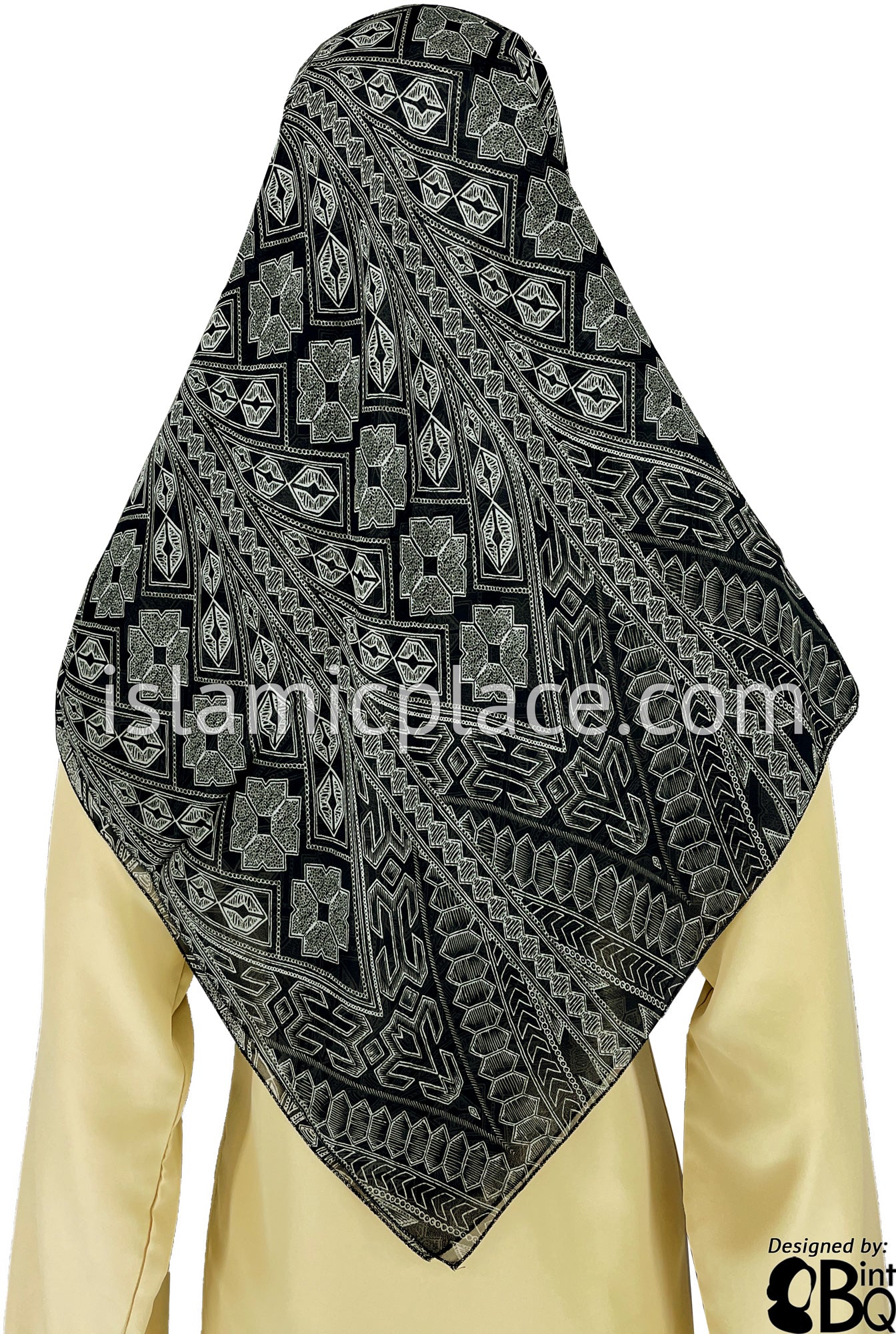 Gray and White on Black Aztec Design - 45" Square Printed Khimar