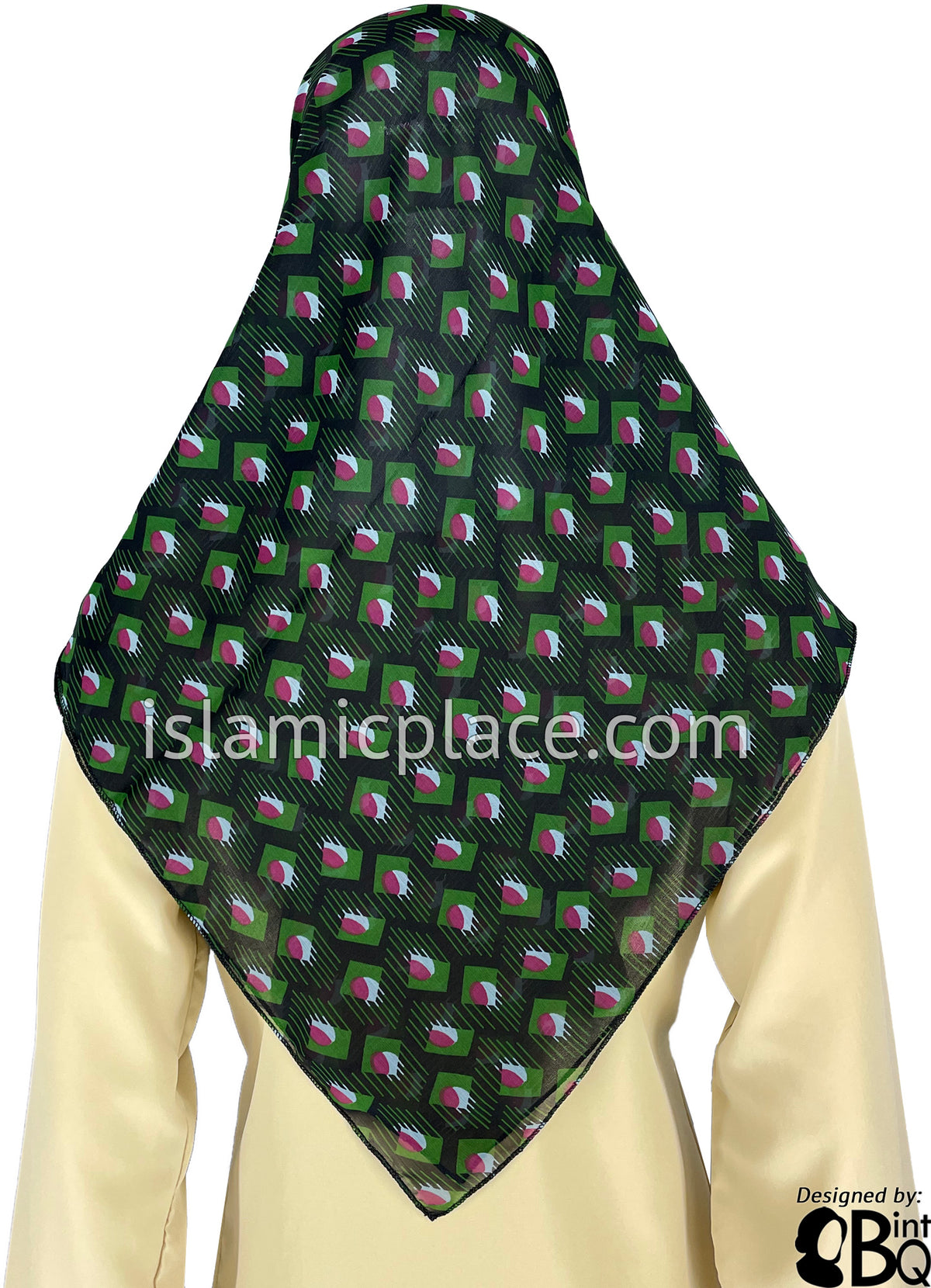 Pink, White, Islamic Green on Black Pattern - 45&quot; Square Printed Khimar