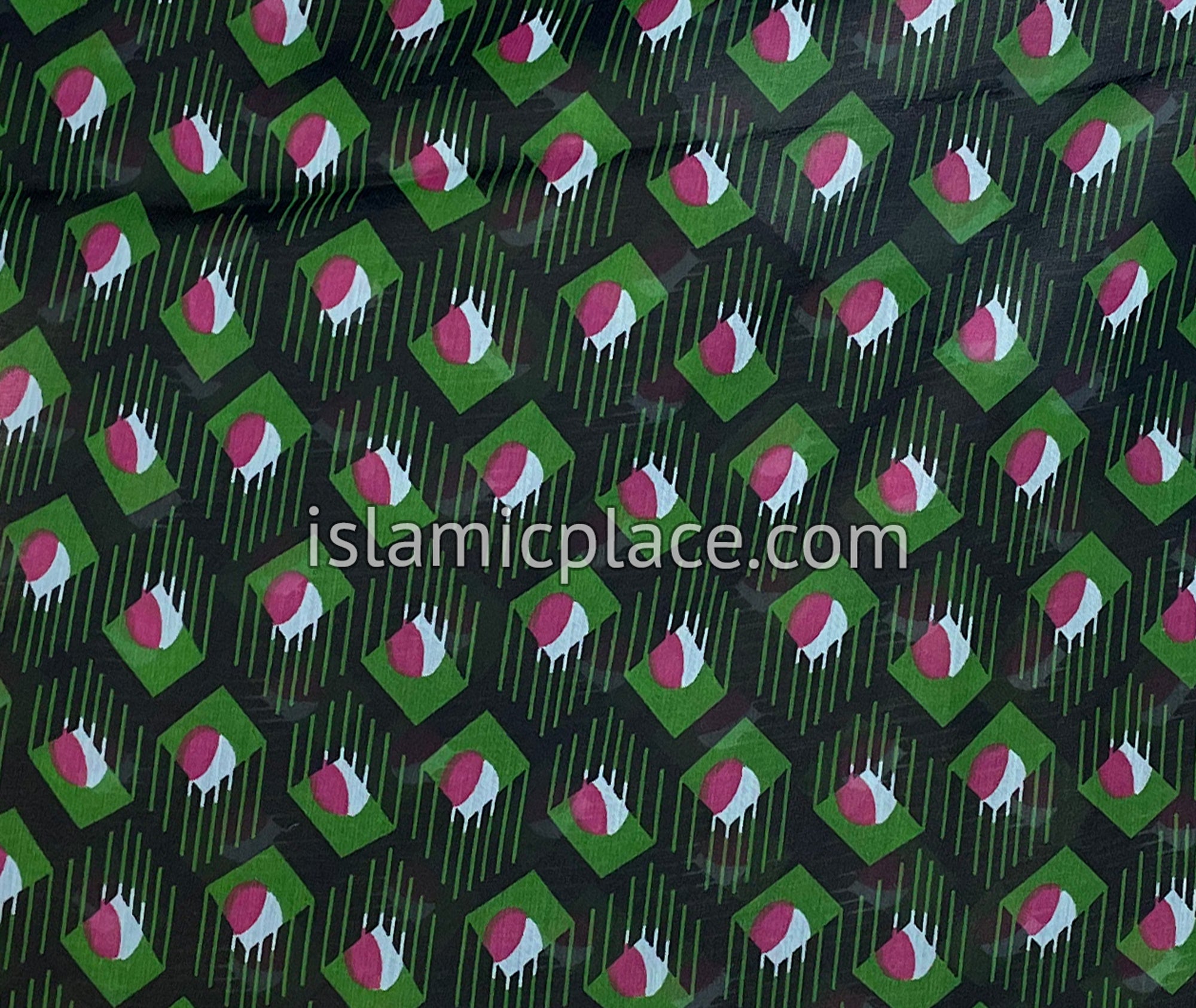 Pink, White, Islamic Green on Black Pattern - 45" Square Printed Khimar