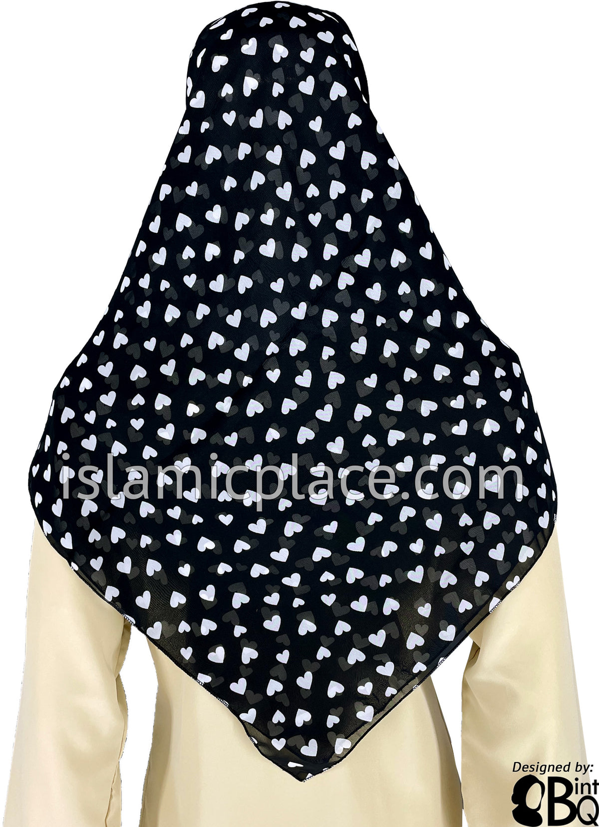 White Hearts on Black Base - 45&quot; Square Printed Khimar