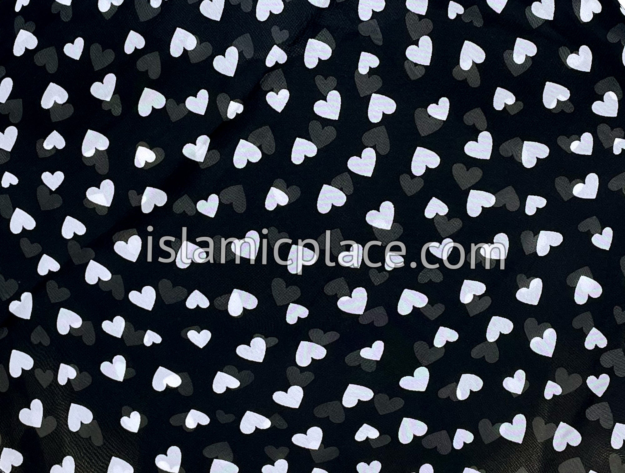 White Hearts on Black Base - 45" Square Printed Khimar