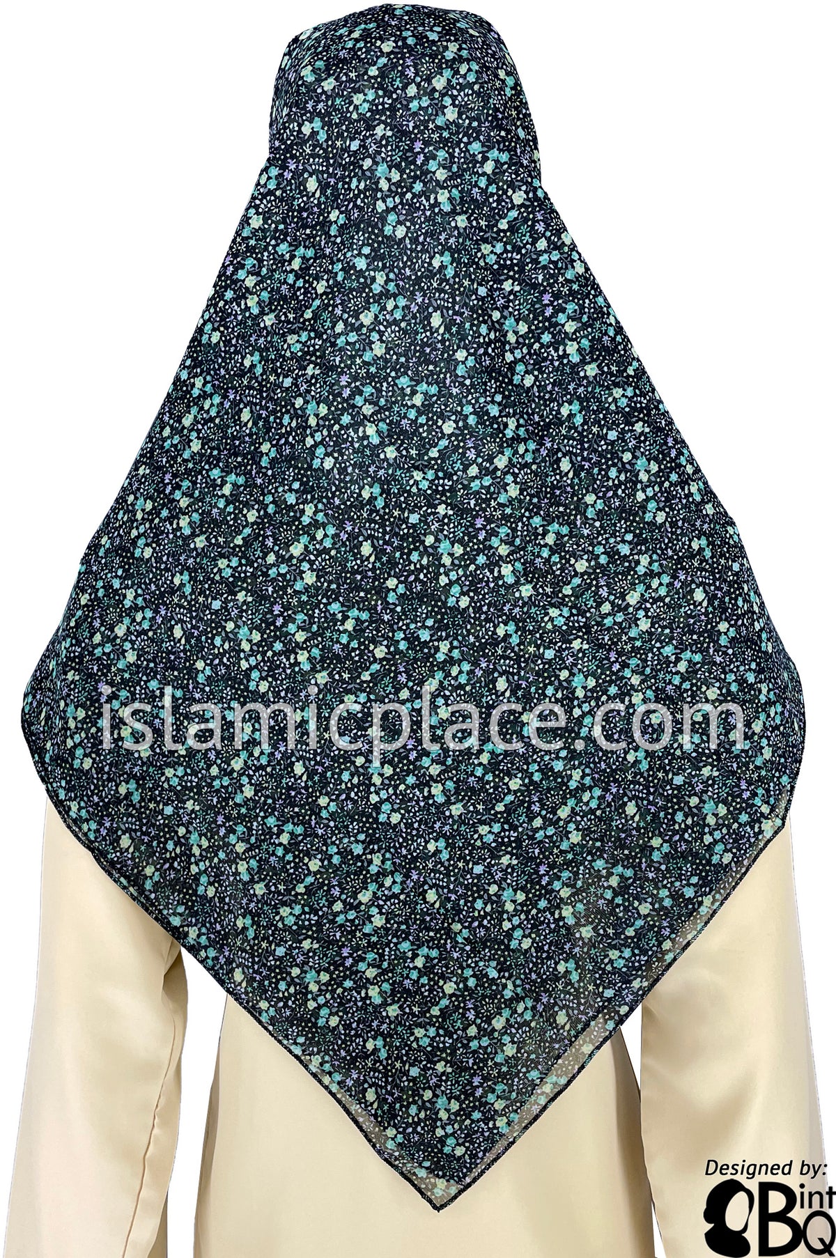 Lime Green and Lavender Mini Flowers on Black Base - 45&quot; Square Printed Khimar