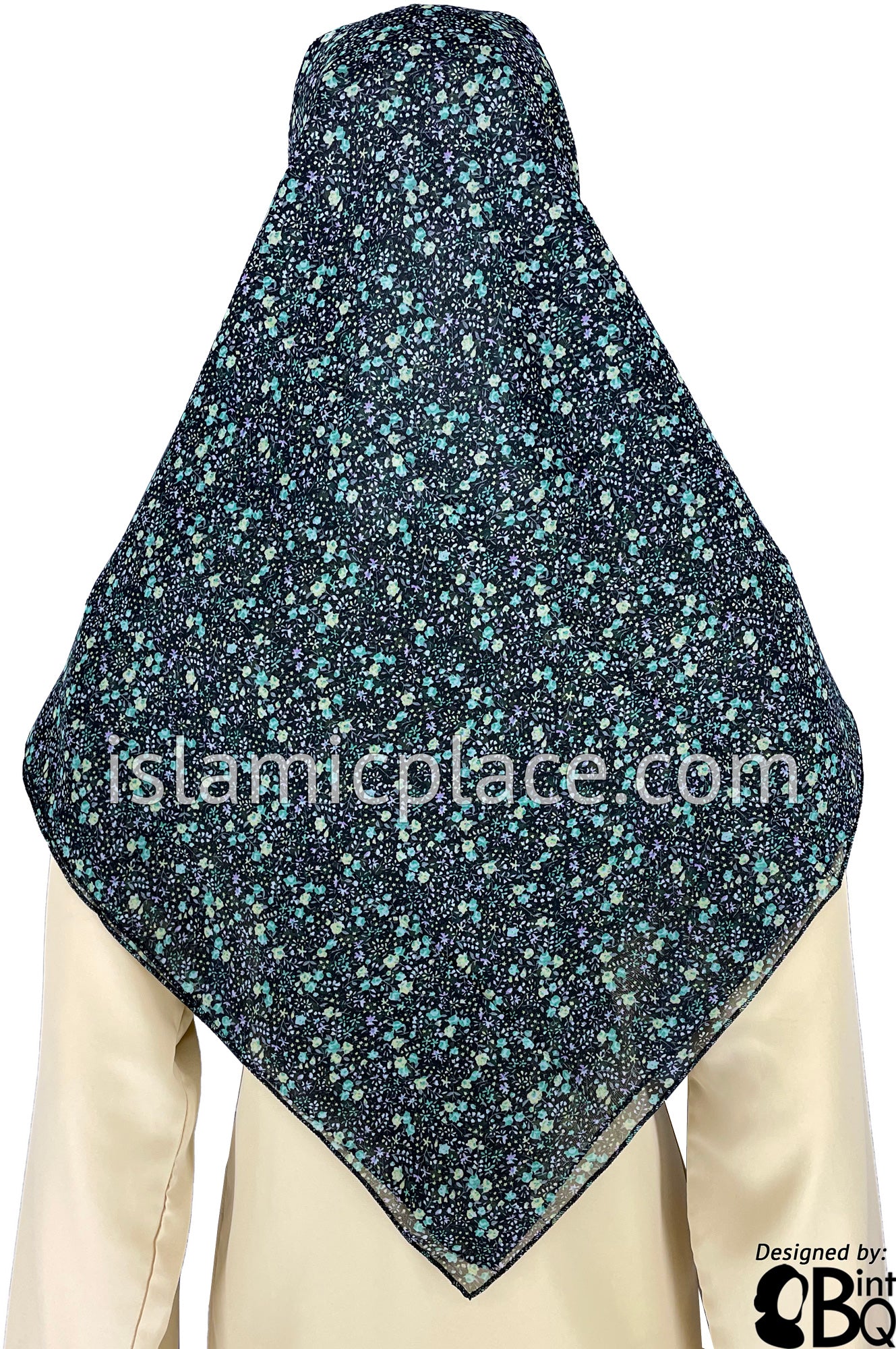 Lime Green and Lavender Mini Flowers on Black Base - 45" Square Printed Khimar