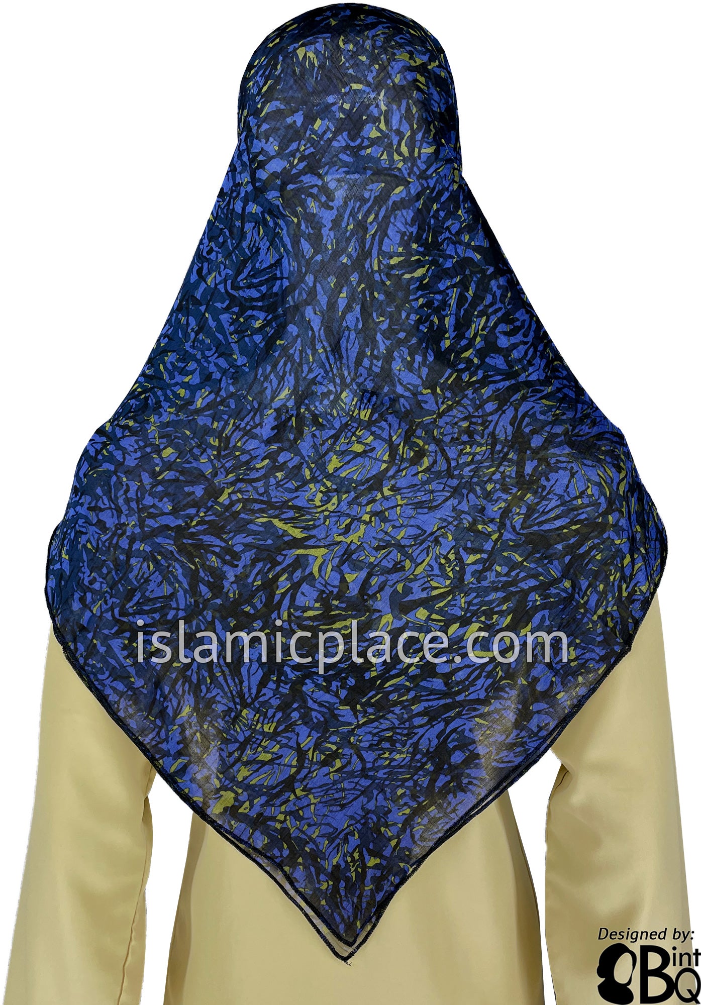 Light Olive and Navy Blue Lines on Cobalt Blue - 45" Square Printed Khimar