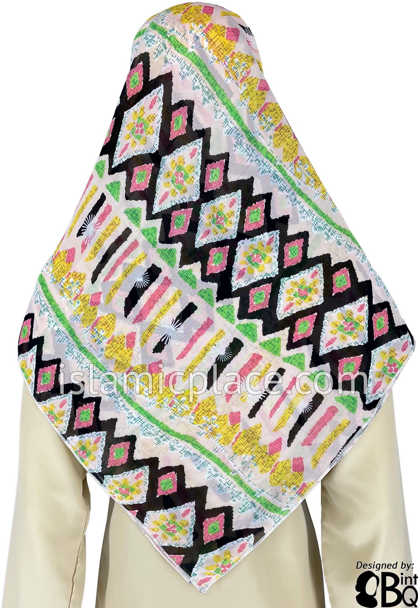 Yellow, Pink, Green and Black Aztec Art - 45" Square Printed Khimar