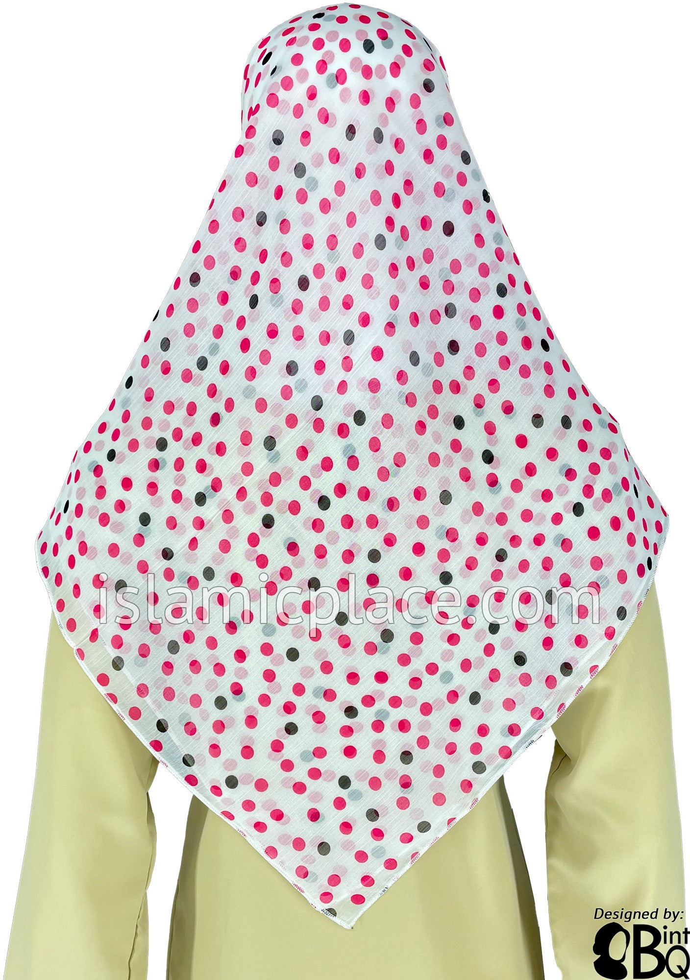 Pink and Black Polka Dots on White Base - 45" Square Printed Khimar