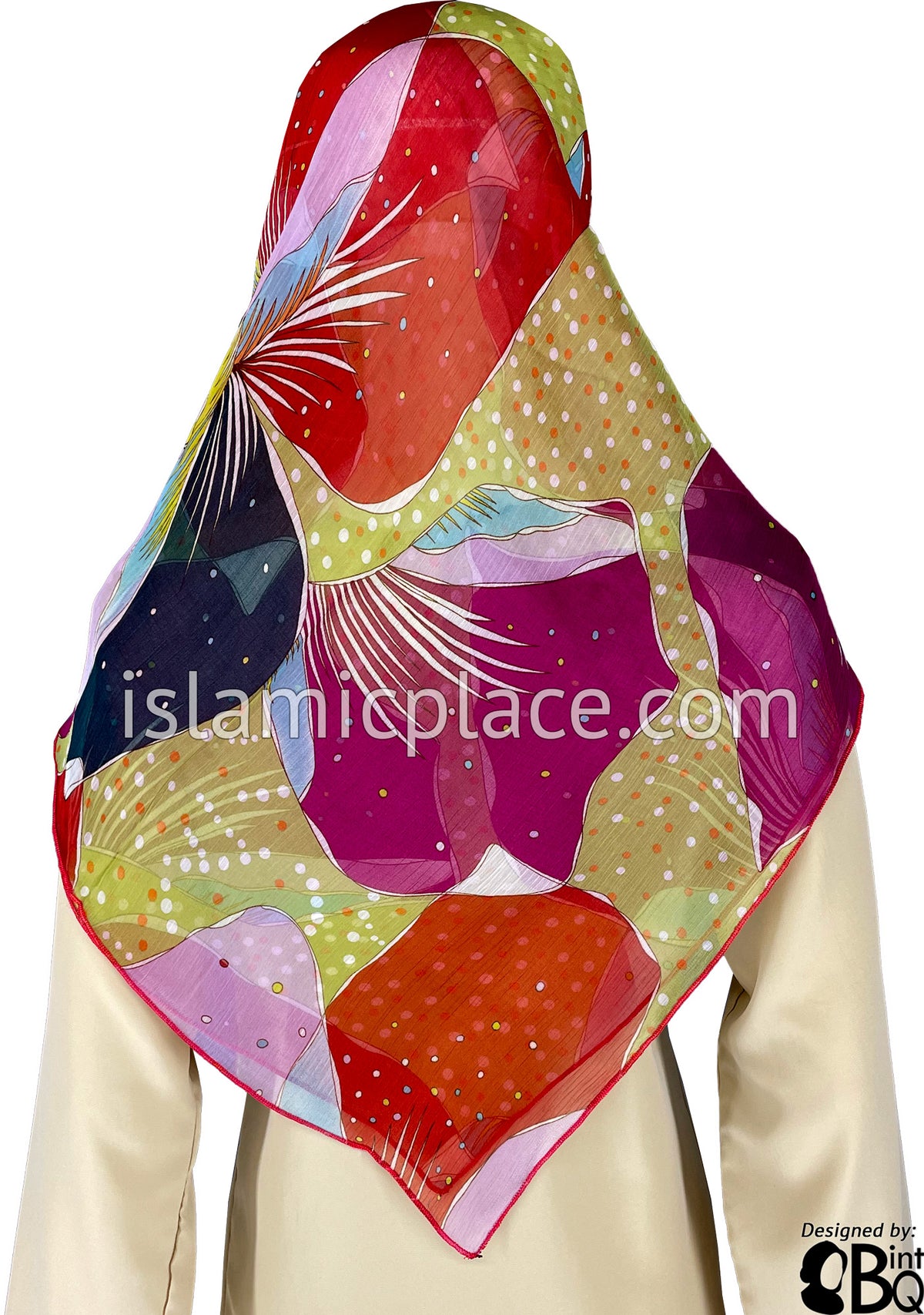 Fuchsia Pink, Red, Lime Green and White Jumbo Flower Petals Design - 45&quot; Square Printed Khimar