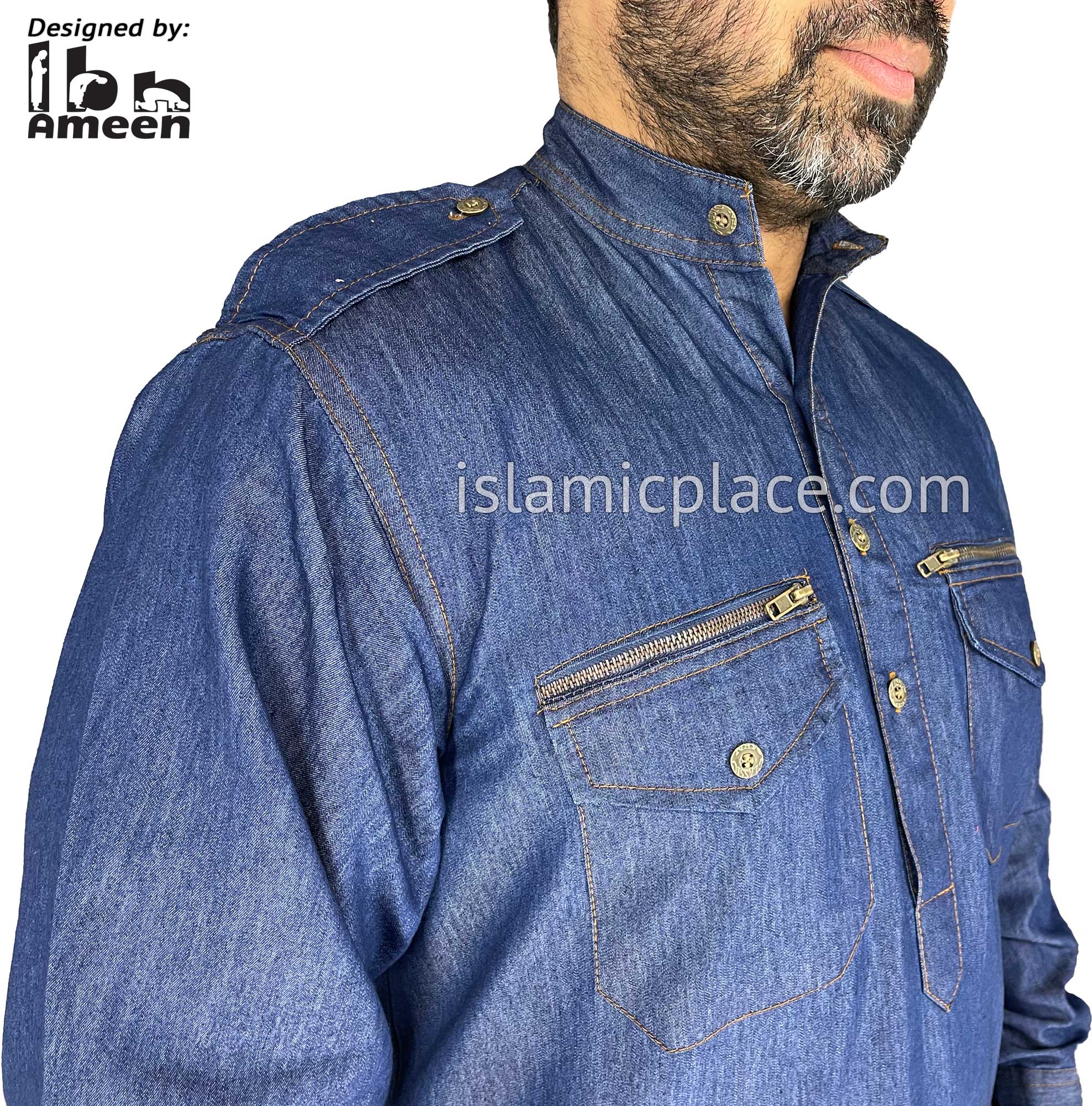 Blue Denim - Saeed Men Kameez with Zipper Pockets by Ibn Ameen - IA15