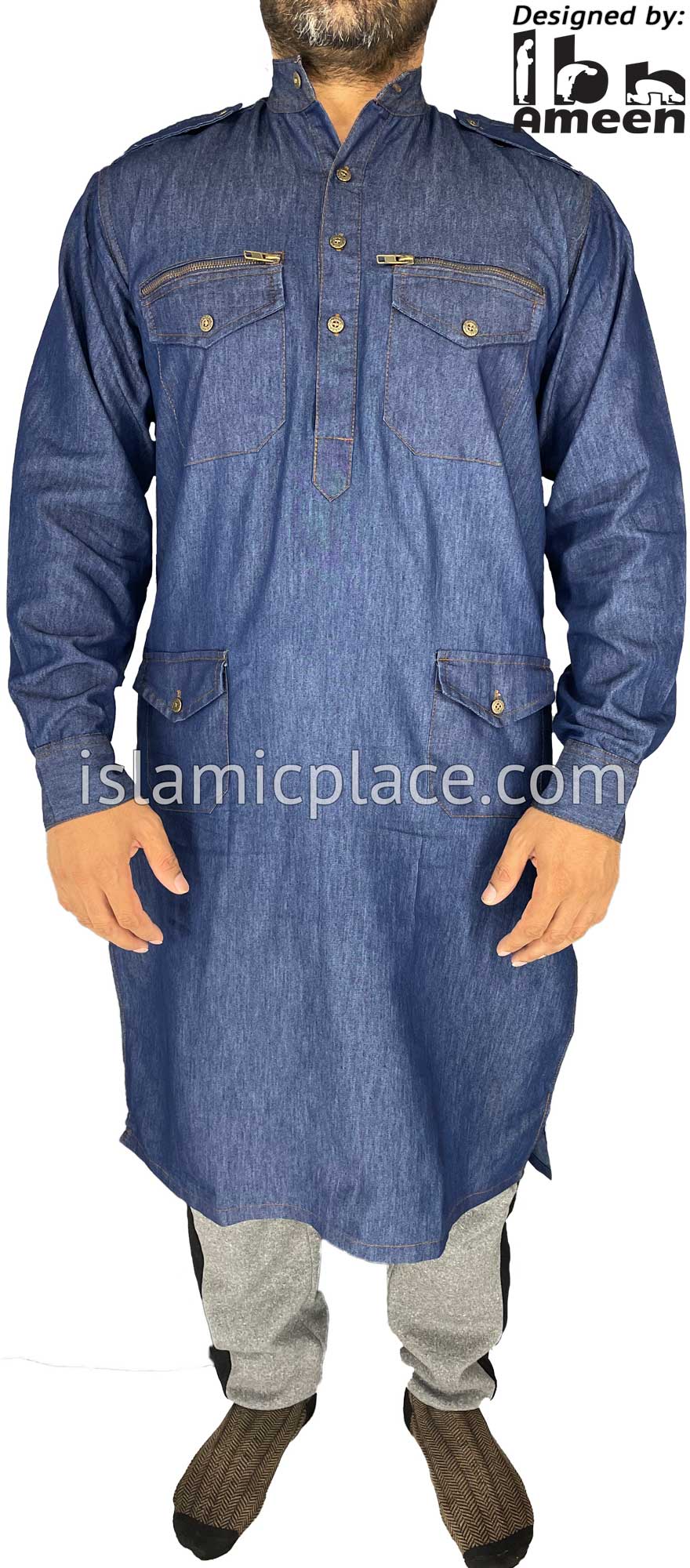 Blue Denim - Saeed Men Kameez with Zipper Pockets by Ibn Ameen - IA15