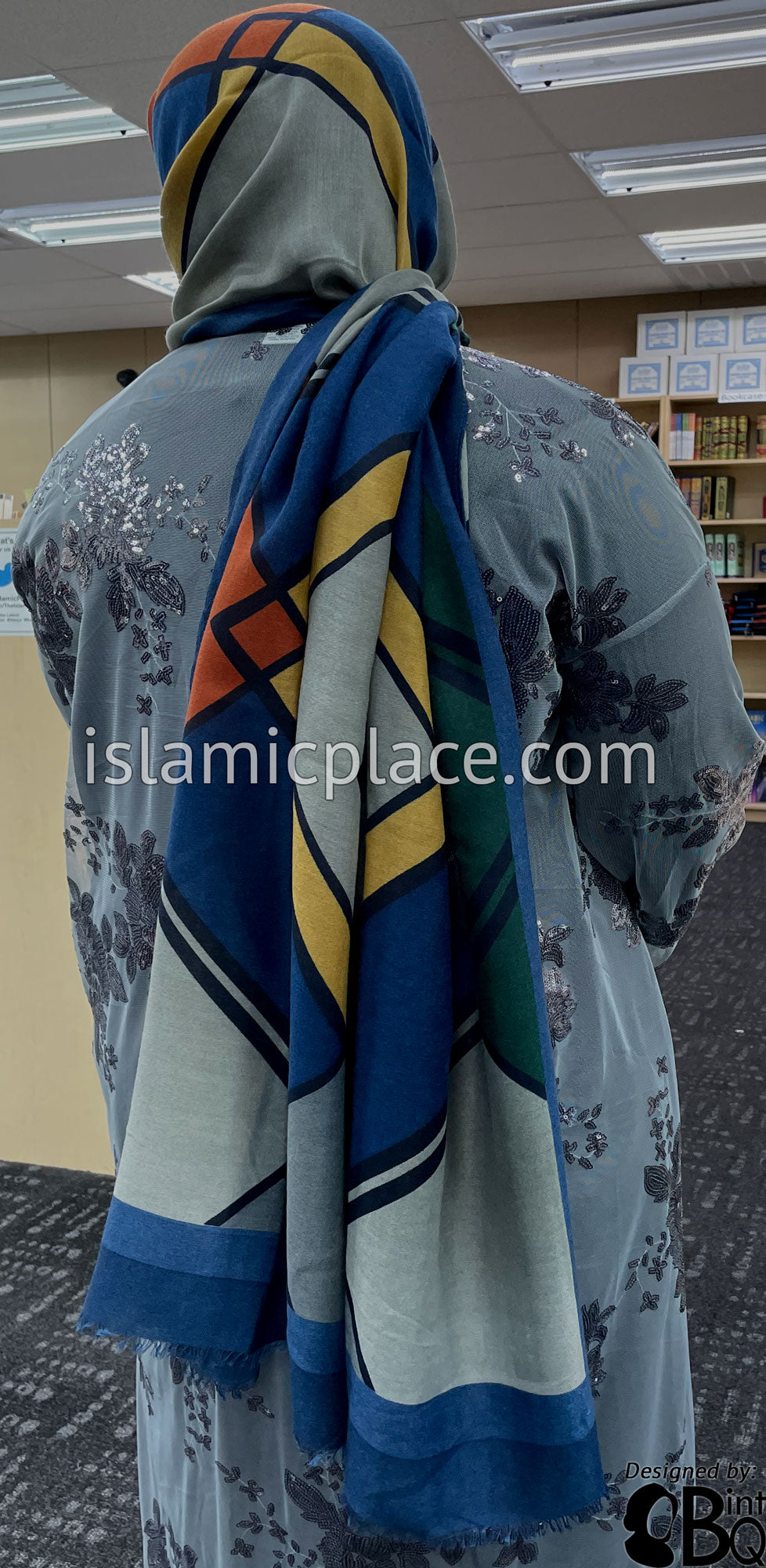 Navy Blue, Denim Blue, Islamic Green, Gray and Tan - Overlapping Squares Soft Viscose Printed Shayla Long Rectangle Hijab 34"x72"