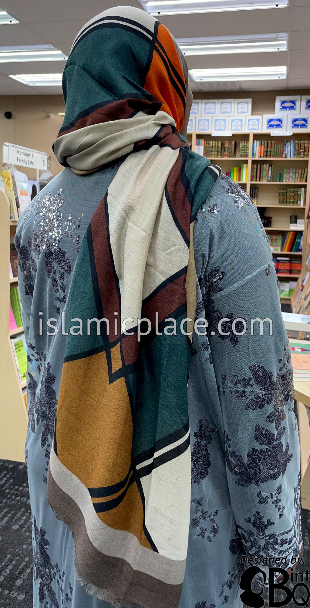 Brown, Gray, Oyster, Tan, Green and Pumpkin Spice - Overlapping Squares Soft Viscose Printed Shayla Long Rectangle Hijab 34"x72"