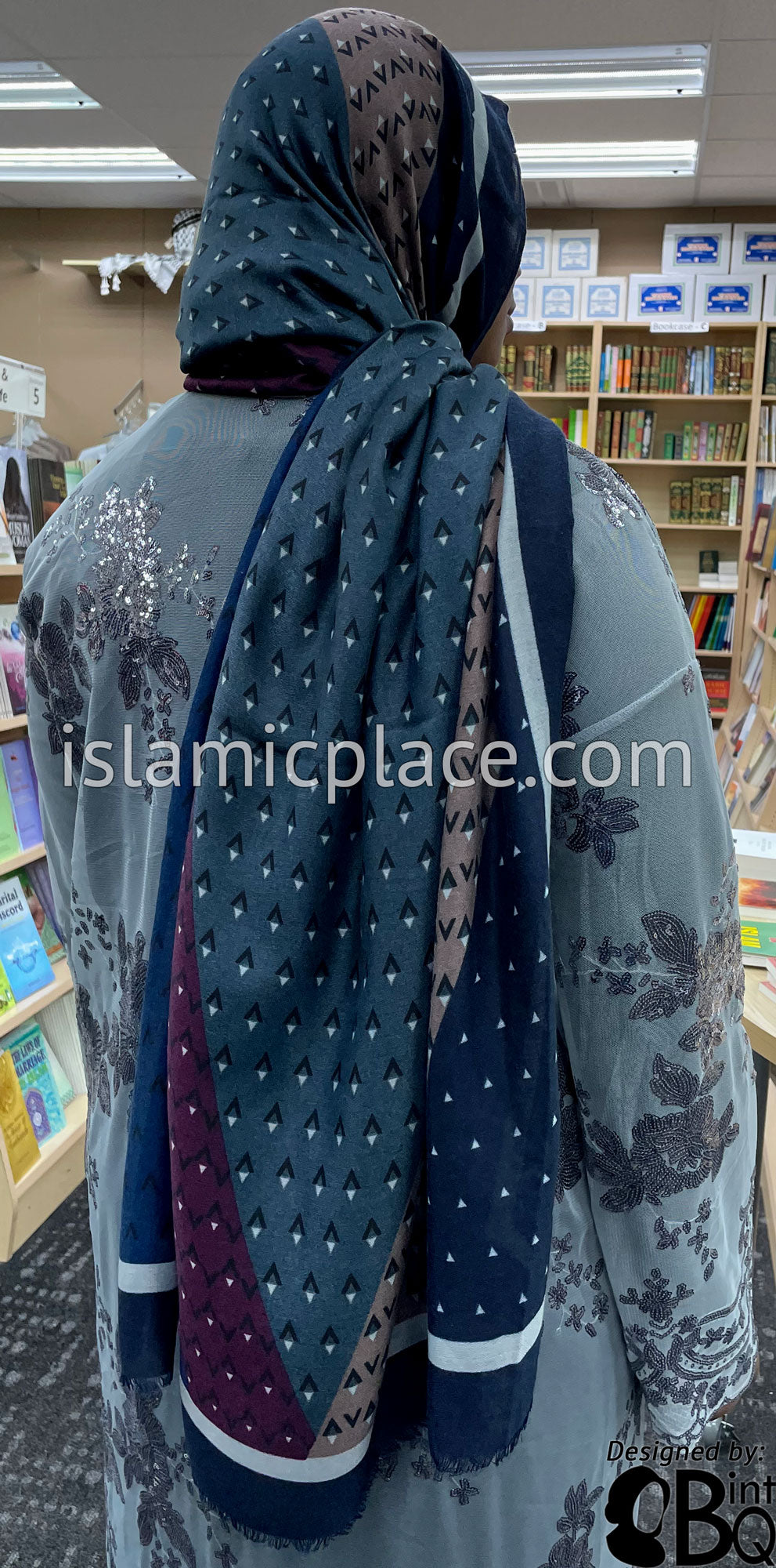 Navy Blue, Mauve, Eggplant and Graphite Gray - Triangular Pattern Soft Viscose Printed Shayla Long Rectangle Hijab 34"x72"