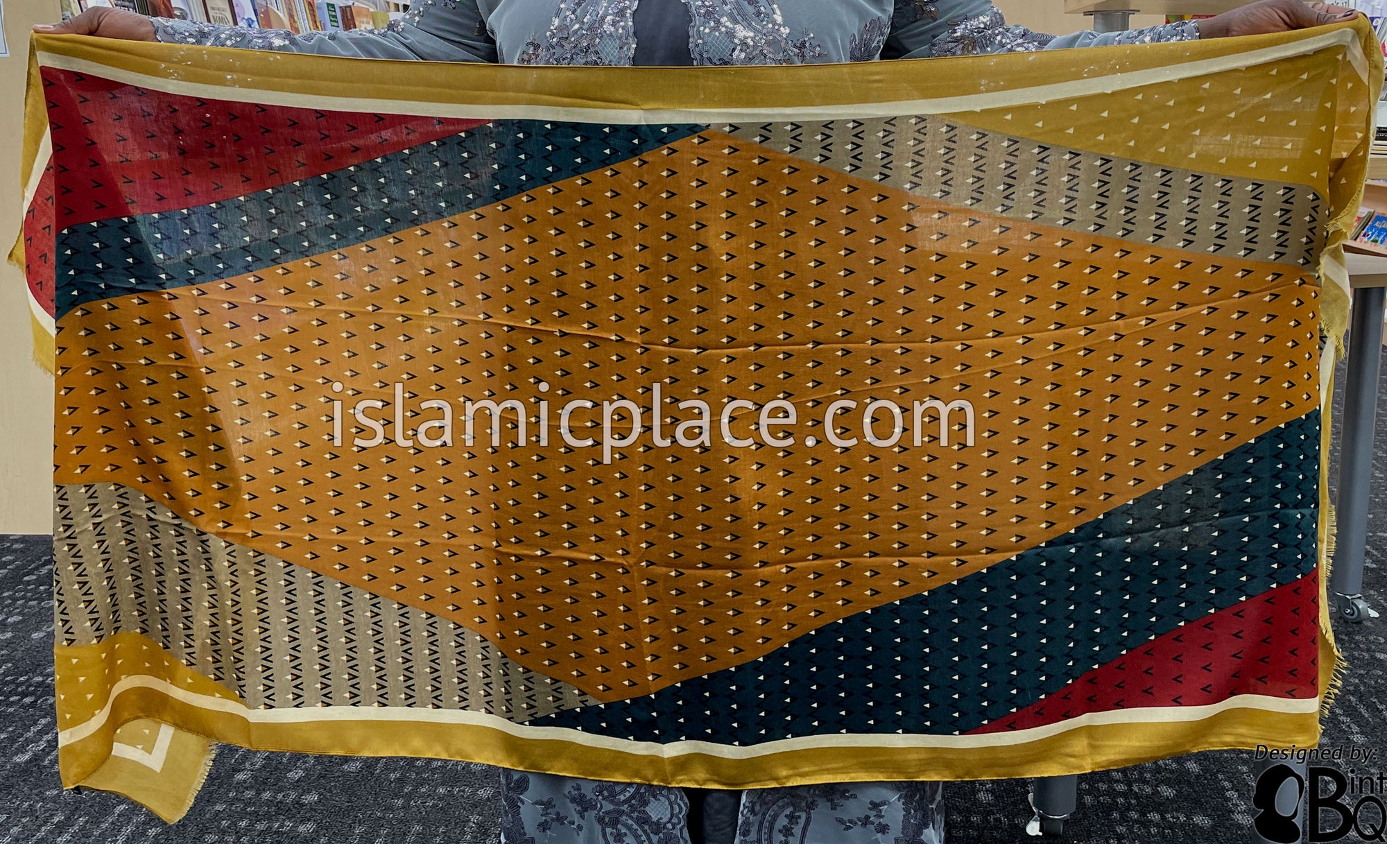 Mustard, Burgundy, Dark Teal and Taupe - Triangular Pattern Soft Viscose Printed Shayla Long Rectangle Hijab 34"x72"