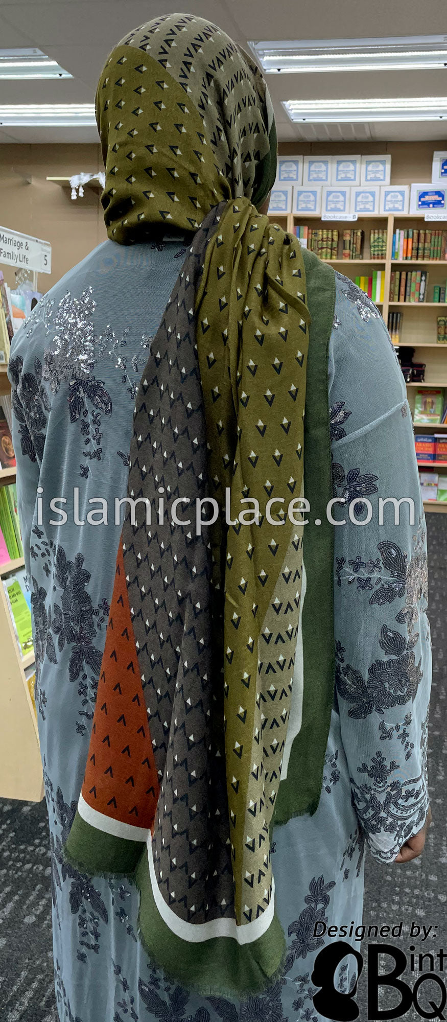 Olive Green, Light Olive, Camouflage Brick Red and Brown- Triangular Pattern Soft Viscose Printed Shayla Long Rectangle Hijab 34&quot;x72&quot;