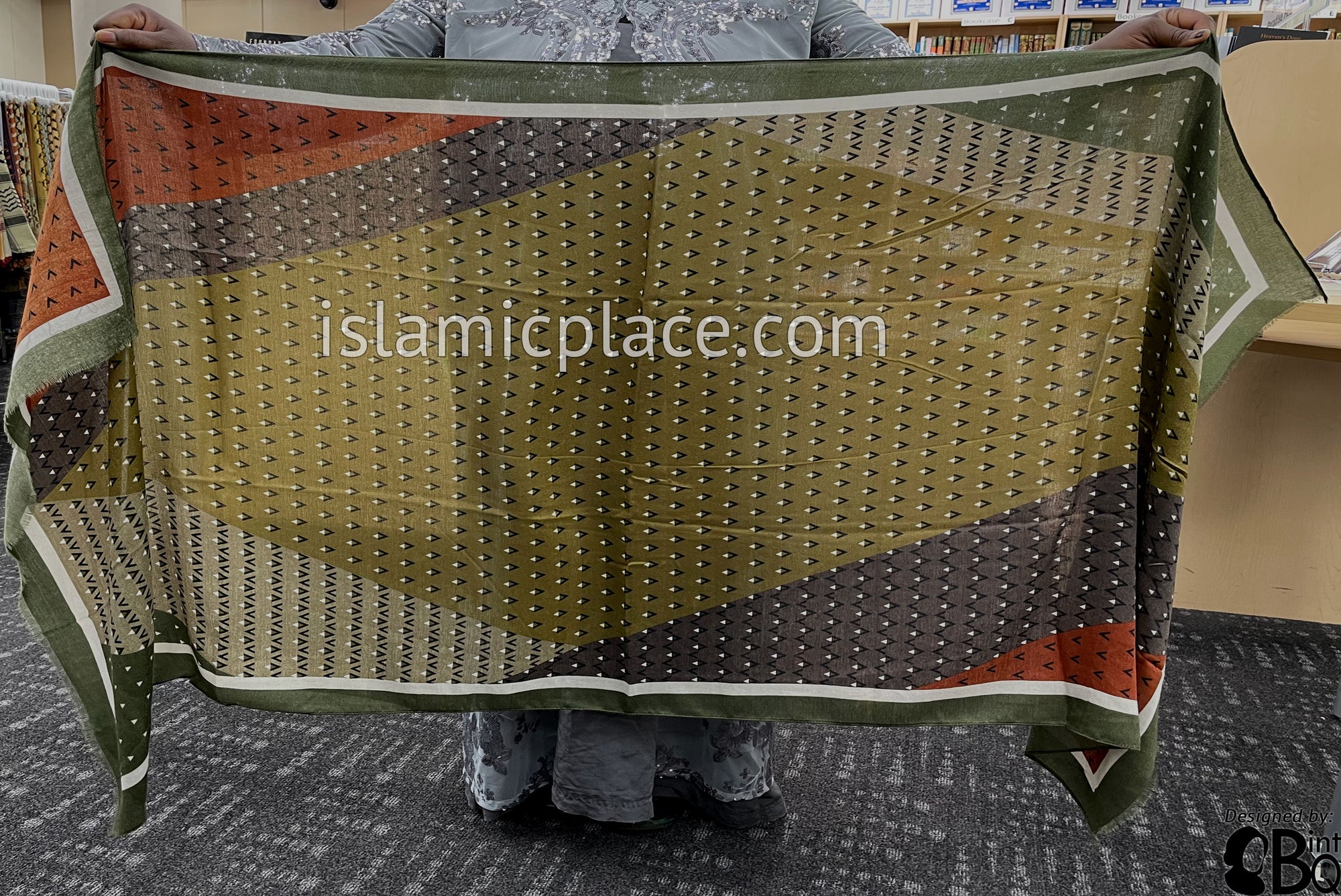 Olive Green, Light Olive, Camouflage Brick Red and Brown- Triangular Pattern Soft Viscose Printed Shayla Long Rectangle Hijab 34"x72"