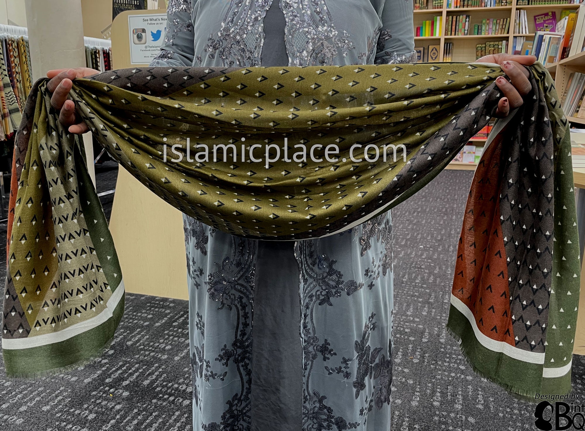 Olive Green, Light Olive, Camouflage Brick Red and Brown- Triangular Pattern Soft Viscose Printed Shayla Long Rectangle Hijab 34"x72"