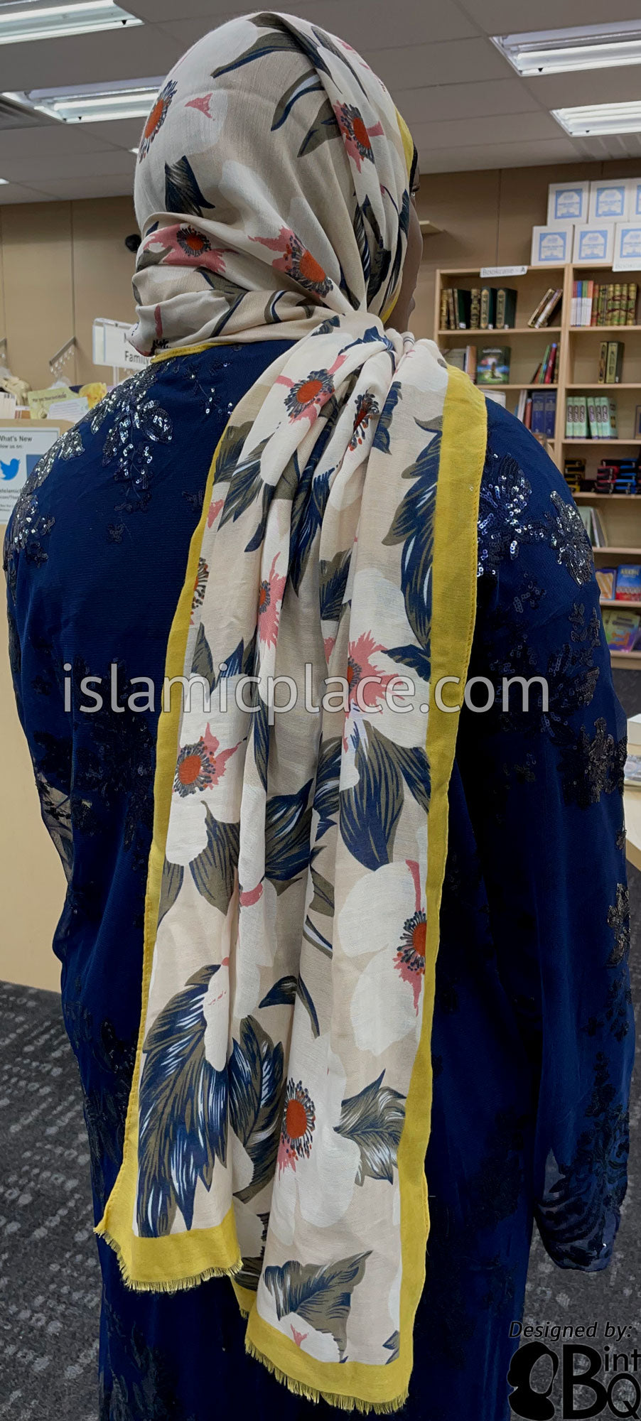 Floral Design on Warm Ivory with Gold Border - Soft Viscose Printed Shayla Long Rectangle Hijab 34&quot;x72&quot;