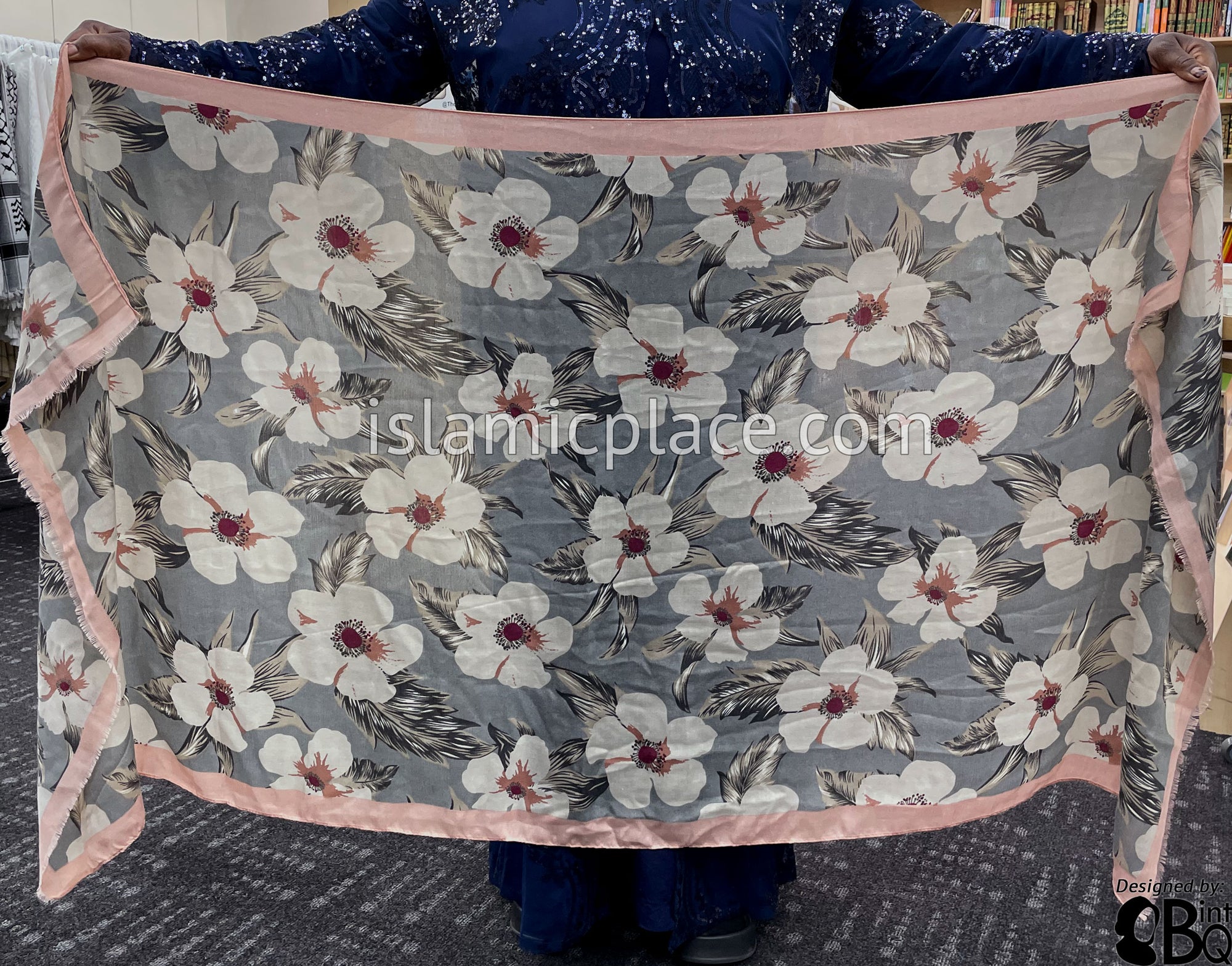 Floral Design on Charcoal Gray with Pink Border - Soft Viscose Printed Shayla Long Rectangle Hijab 34"x72"