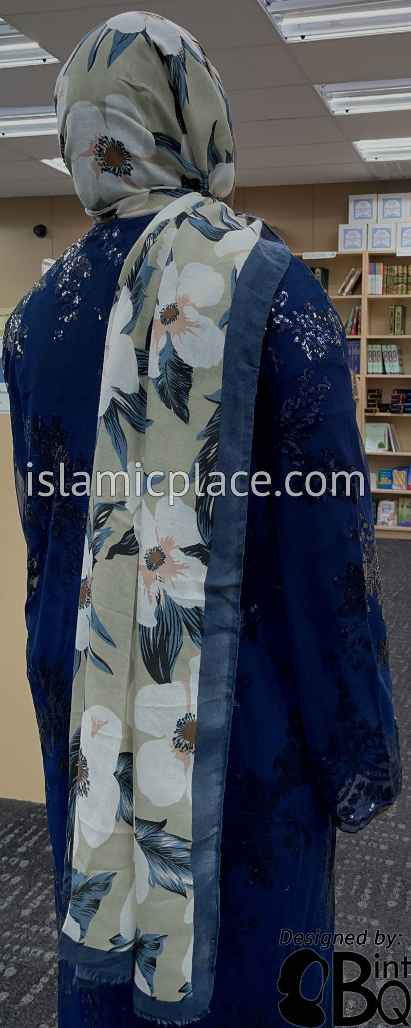 Floral Design on Light Taupe with Navy Border - Soft Viscose Printed Shayla Long Rectangle Hijab 34"x72"