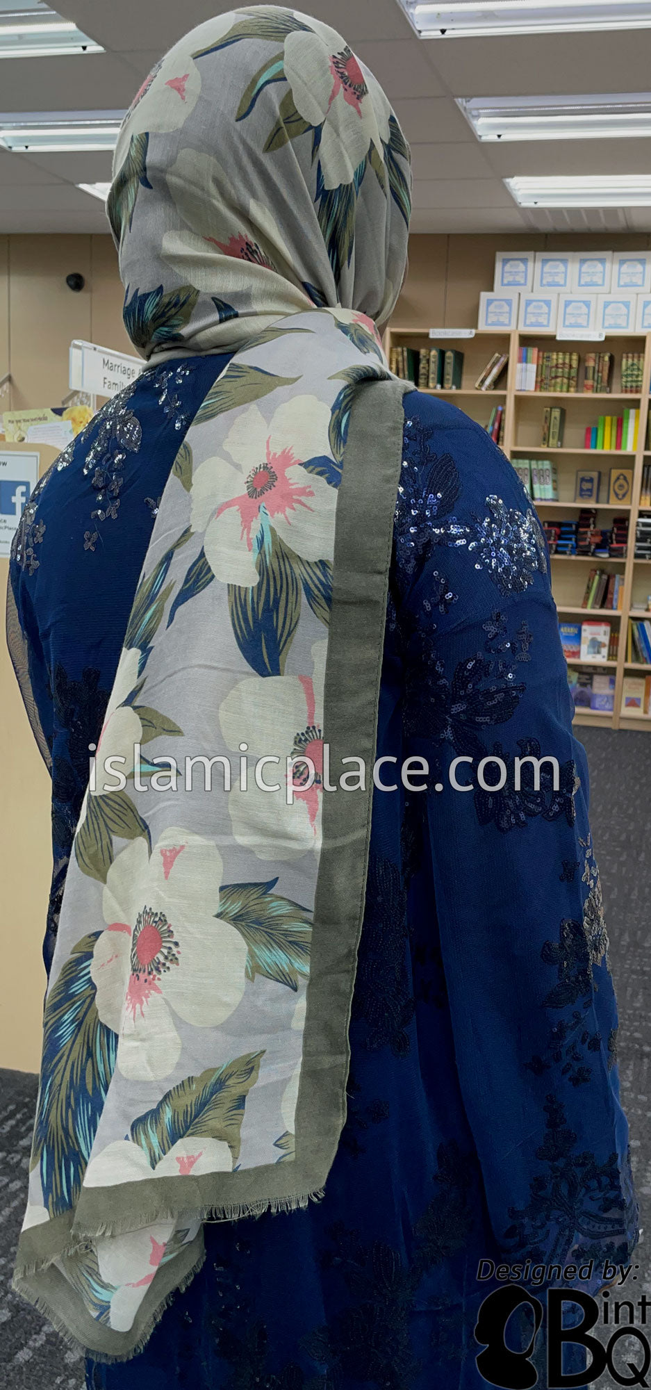 Floral Design on Silver Gray with Olive Green Border - Soft Viscose Printed Shayla Long Rectangle Hijab 34"x72"