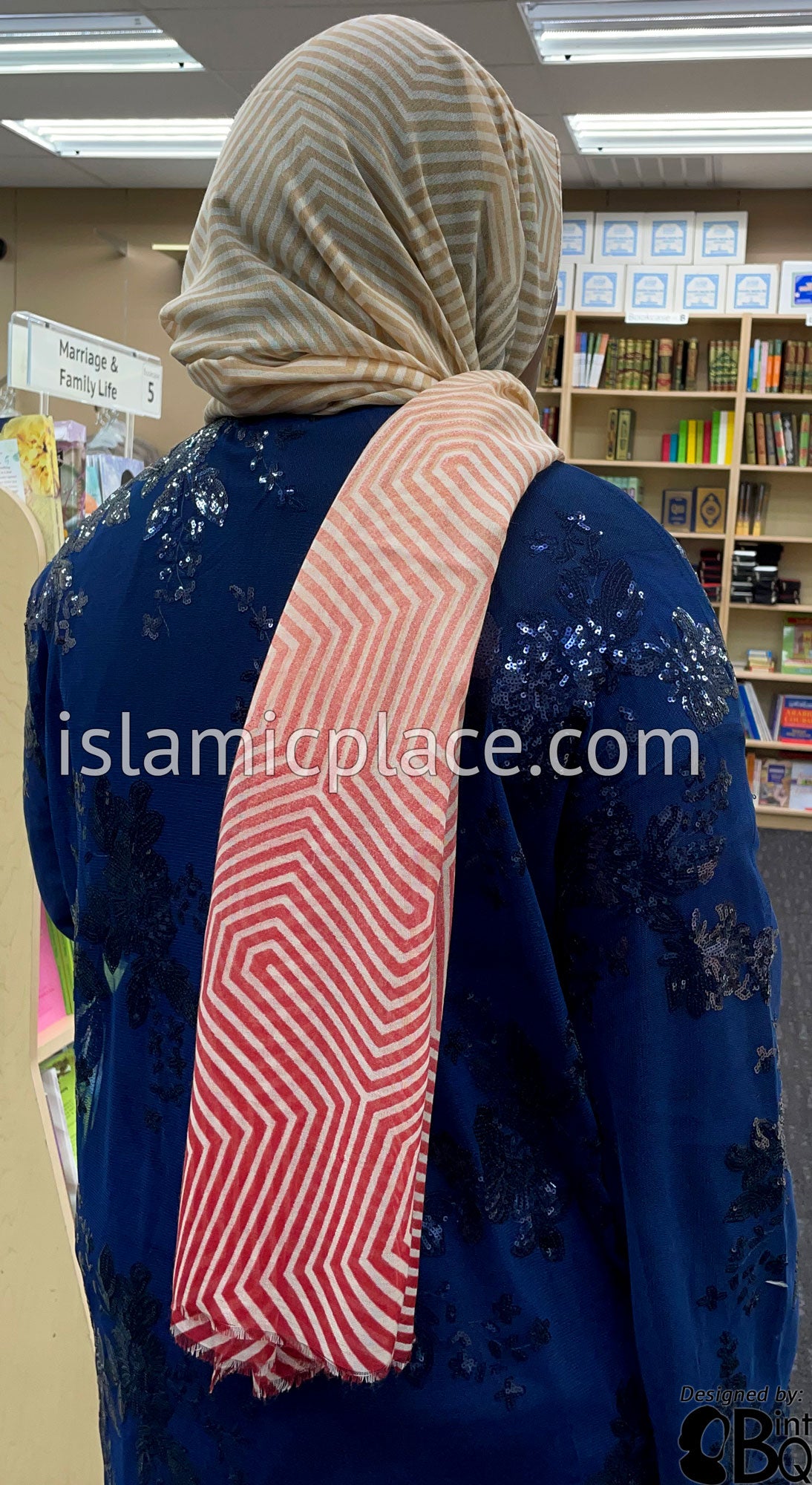 Red, Navy Blue, Glazed Pecan and Ivory Maze Gradient - Soft Viscose Printed Shayla Long Rectangle Hijab 34&quot;x72&quot;