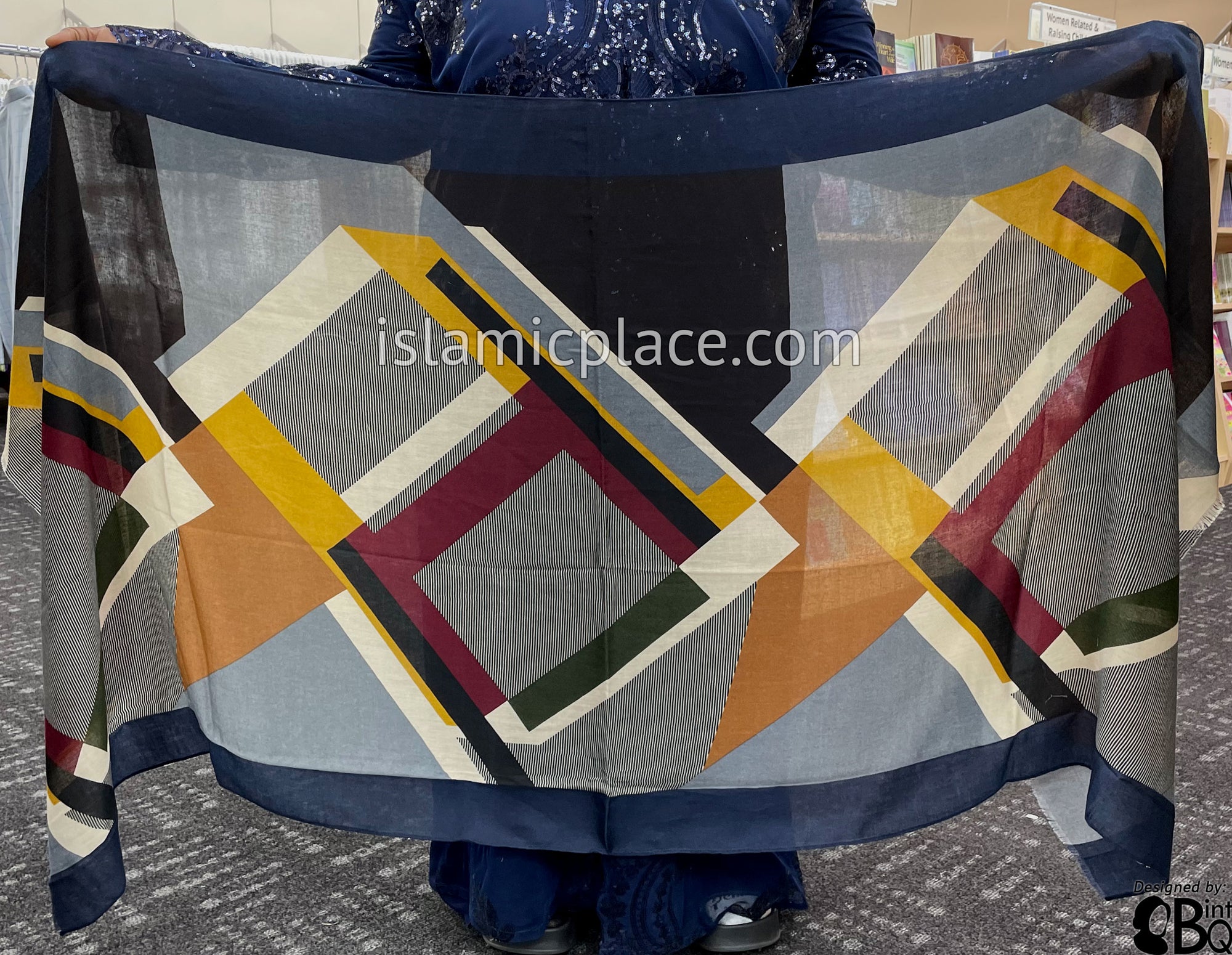 Navy, Black, Gray, Gold, Charcoal Gray and Rust Abstract Rectangles- Soft Viscose Printed Shayla Long Rectangle Hijab 34"x72"