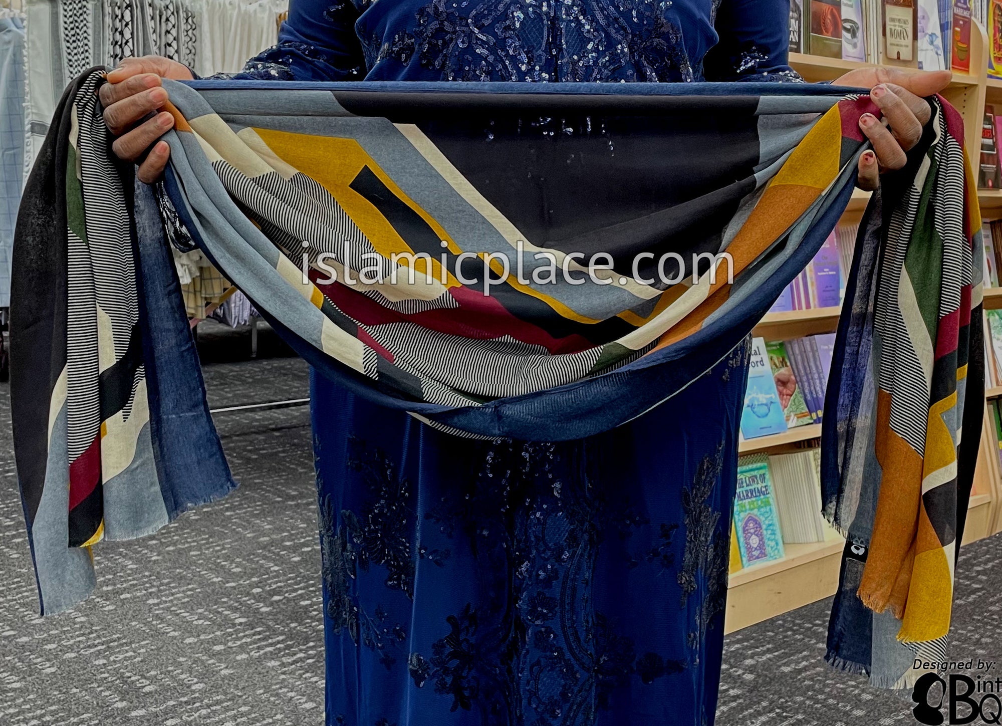 Navy, Black, Gray, Gold, Charcoal Gray and Rust Abstract Rectangles- Soft Viscose Printed Shayla Long Rectangle Hijab 34"x72"