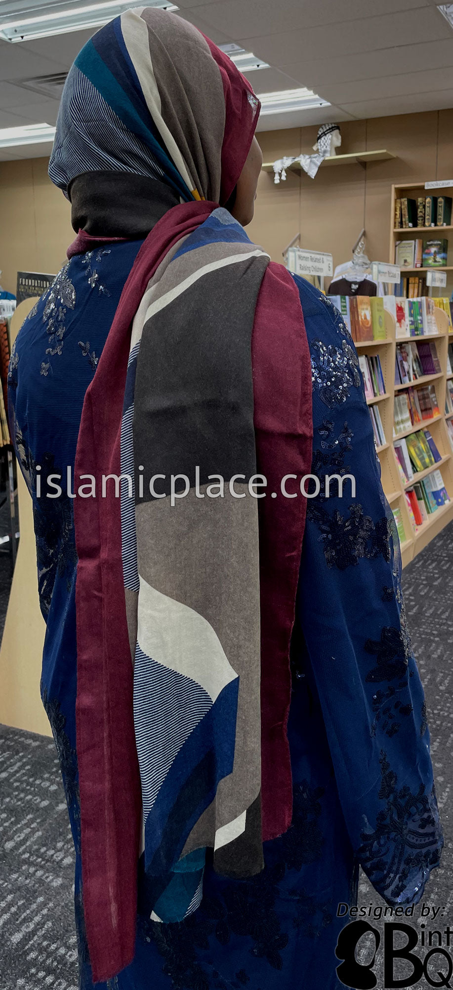 Burgundy, Brown, Navy Blue, Gray and Cream Abstract Rectangles- Soft Viscose Printed Shayla Long Rectangle Hijab 34&quot;x72&quot;