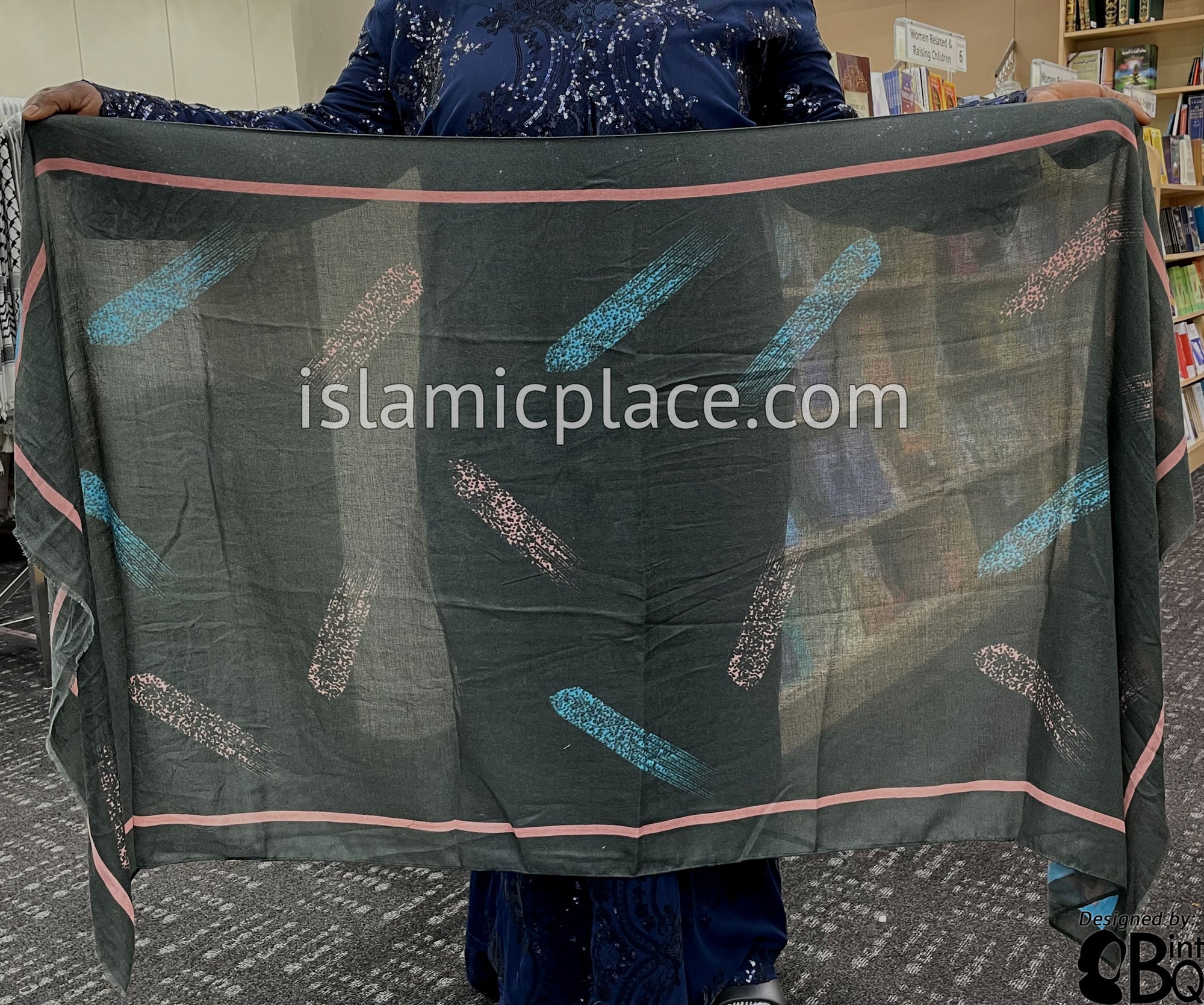 Off-Black with Pink and Electric Blue Paint Brush Stroke - Soft Viscose Printed Shayla Long Rectangle Hijab 34"x72"